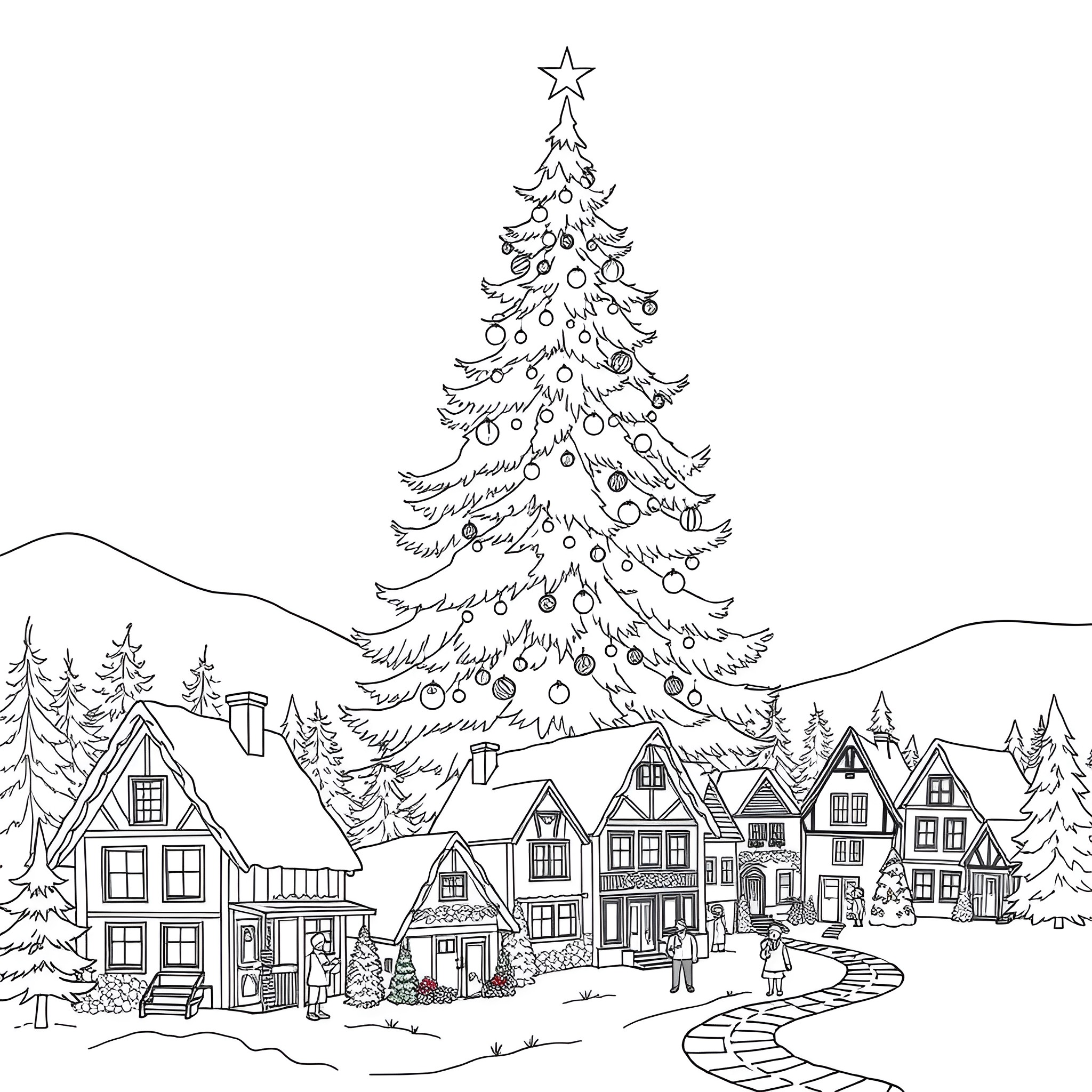Christmas Tree Lighting Up a Quaint Snowy Village Coloring Page (free black-and-white line drawing printable PDF for all, from beginners to advanced learners, including children, teens, adults, and seniors)