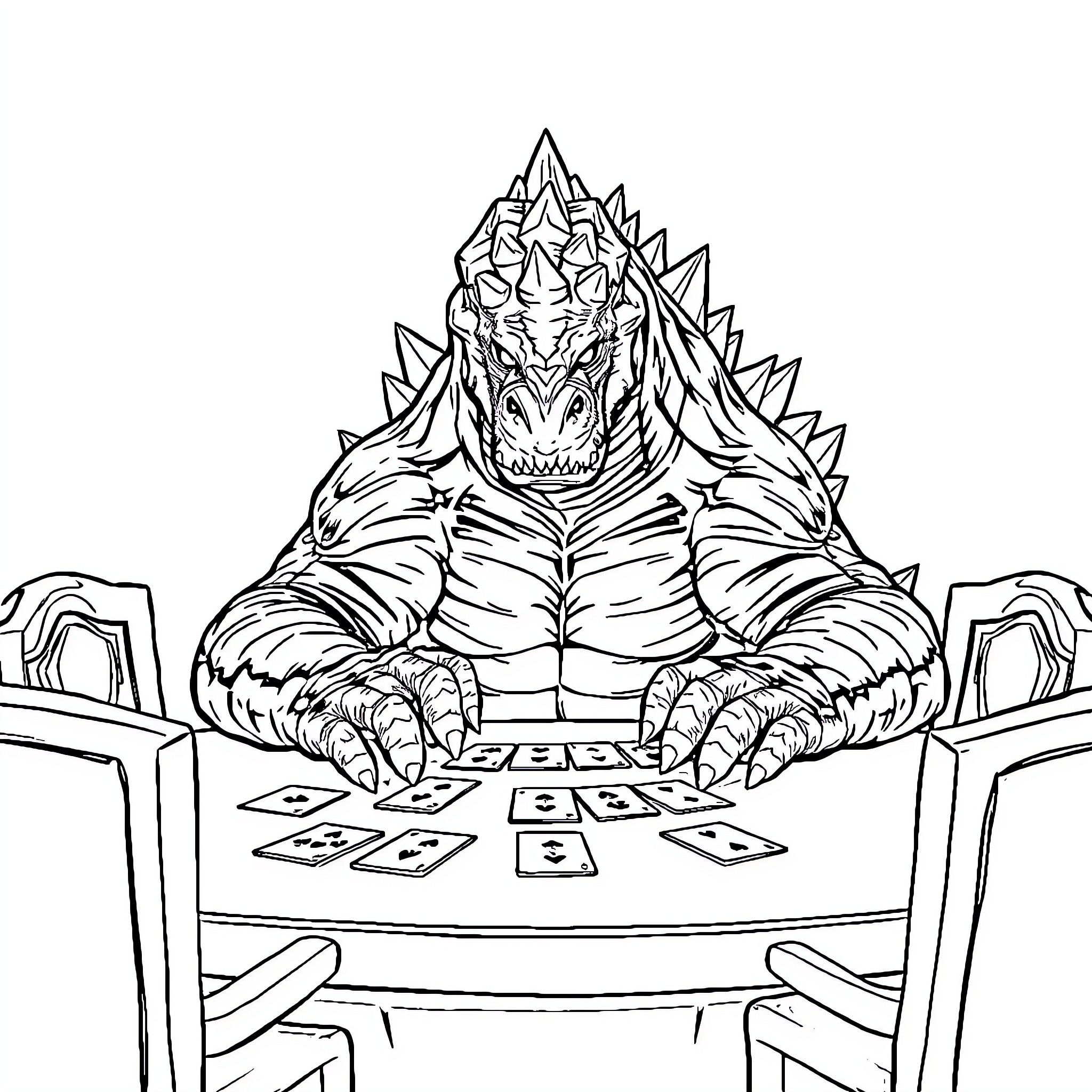 Godzilla Playing Card Game with Fierce Expression Coloring Page (free black-and-white line drawing printable PDF for all, from beginners to advanced learners, including children, teens, adults, and seniors)