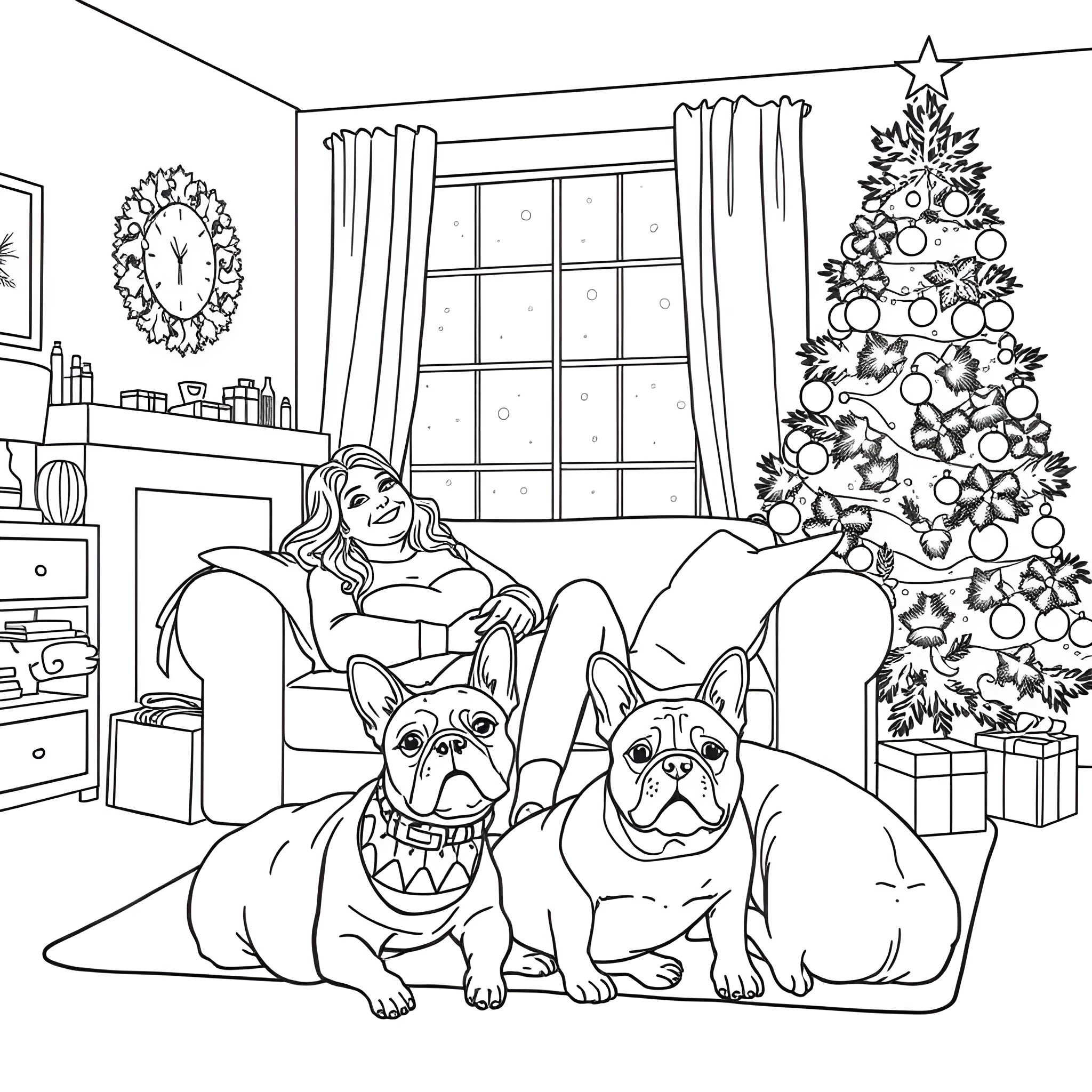 Woman relaxing with dogs on Christmas day Coloring Page (free black-and-white line drawing printable PDF for all, from beginners to advanced learners, including children, teens, adults, and seniors)