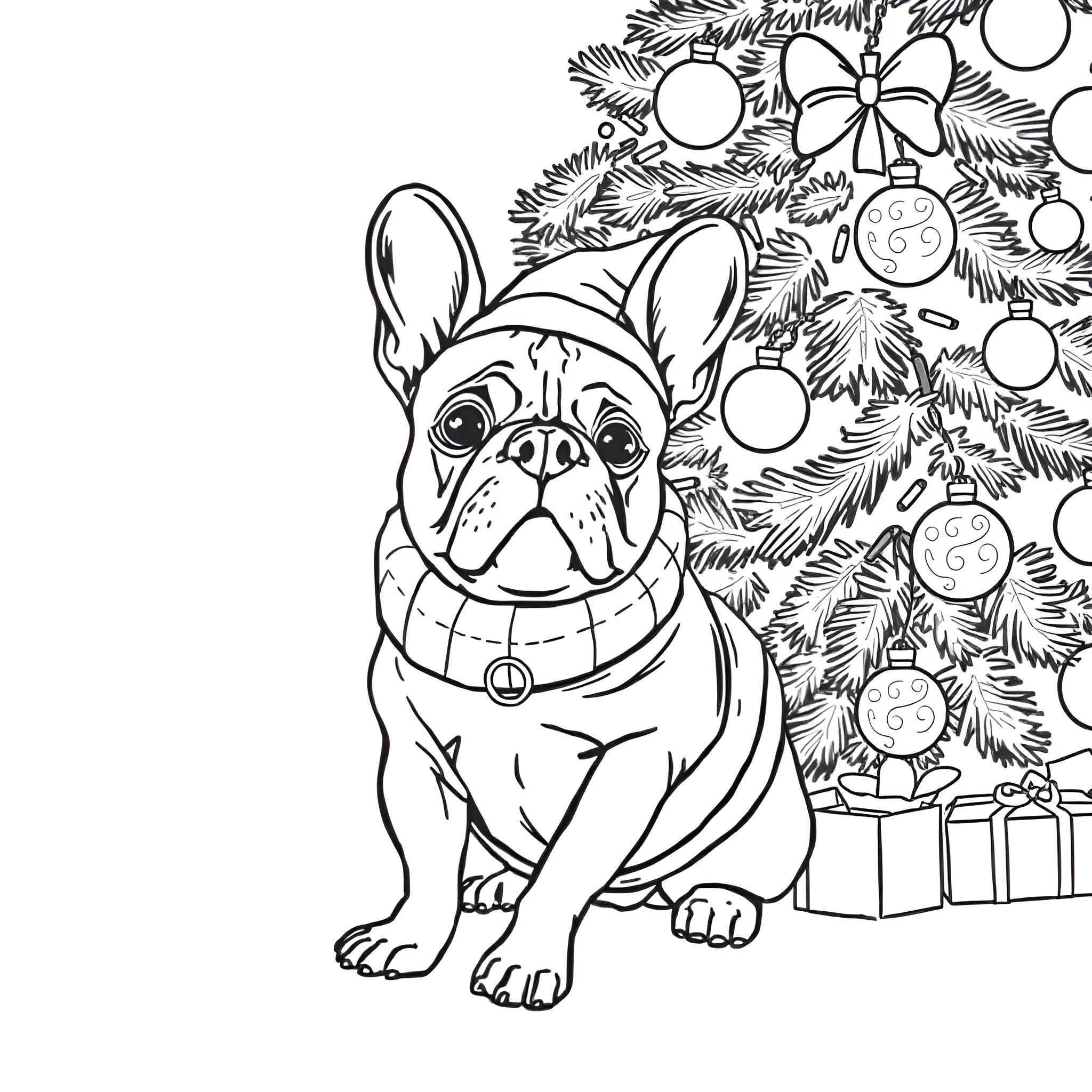 French Bulldog Posing in Front of Christmas Tree Coloring Page (free black-and-white line drawing printable PDF for all, from beginners to advanced learners, including children, teens, adults, and seniors)