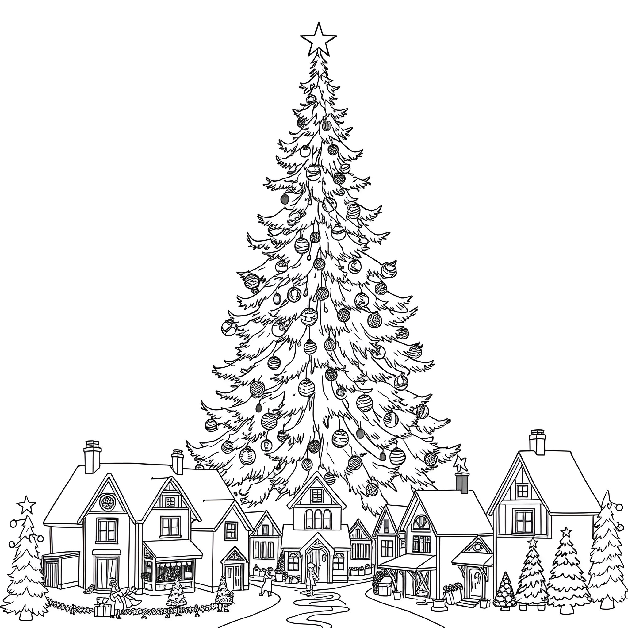 Christmas Tree decorated in a quaint winter village Coloring Page (free black-and-white line drawing printable PDF for all, from beginners to advanced learners, including children, teens, adults, and seniors)