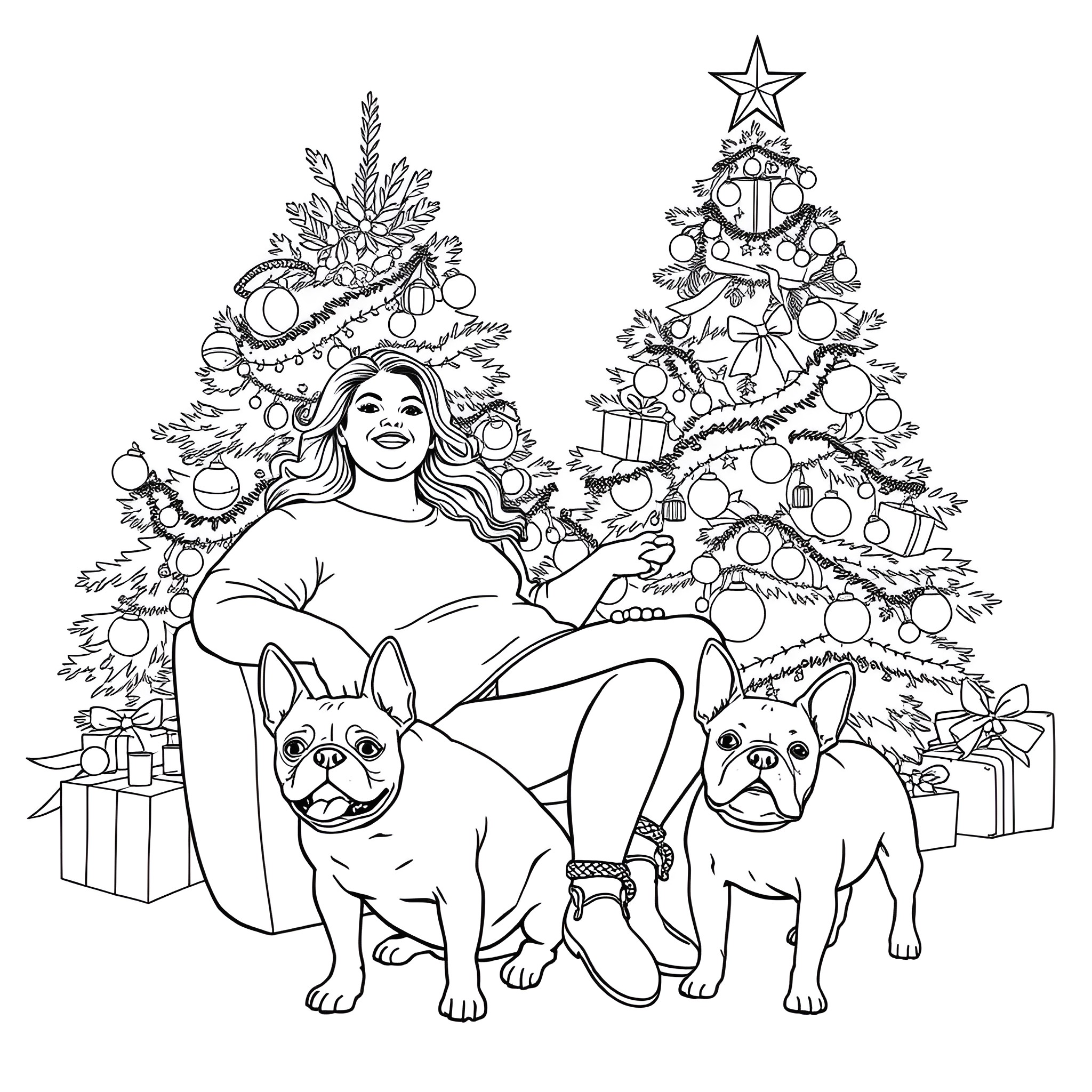 Woman with dogs celebrating Christmas with decorated trees Coloring Page (free black-and-white line drawing printable PDF for all, from beginners to advanced learners, including children, teens, adults, and seniors)