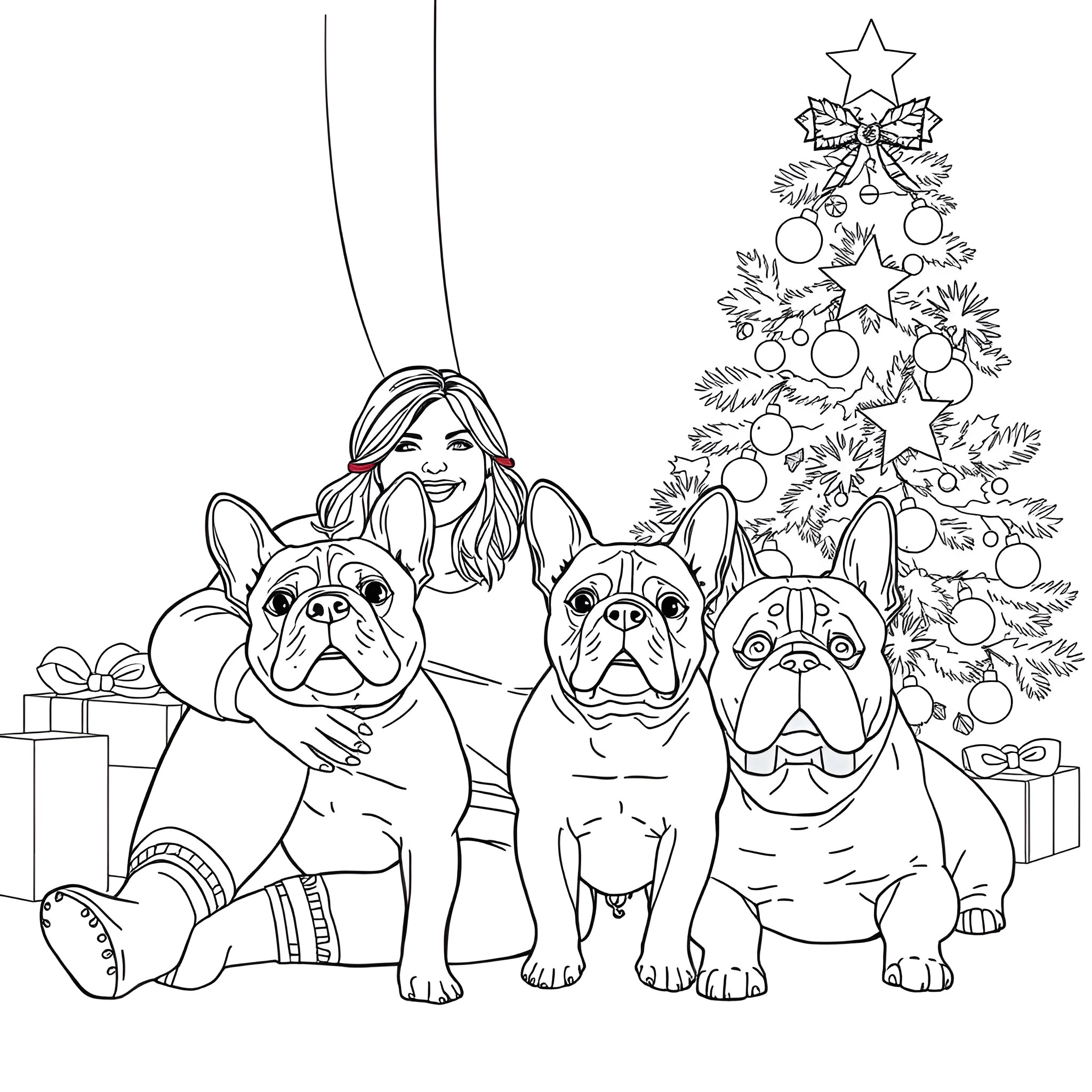 Woman posing happily with her three French Bulldogs near Christmas tree Coloring Page (free black-and-white line drawing printable PDF for all, from beginners to advanced learners, including children, teens, adults, and seniors)