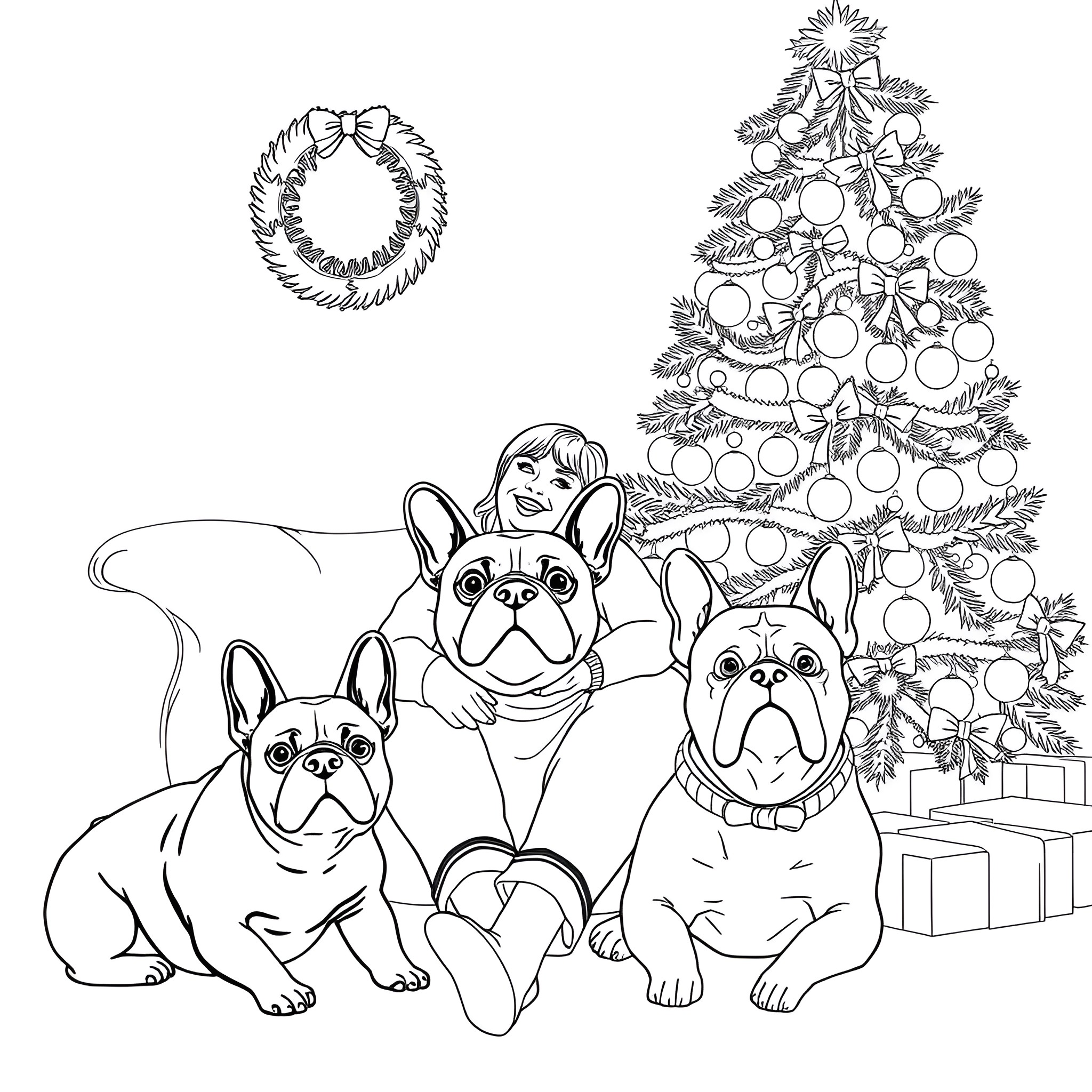 Woman with French Bulldogs enjoying Christmas decorations Coloring Page (free black-and-white line drawing printable PDF for all, from beginners to advanced learners, including children, teens, adults, and seniors)