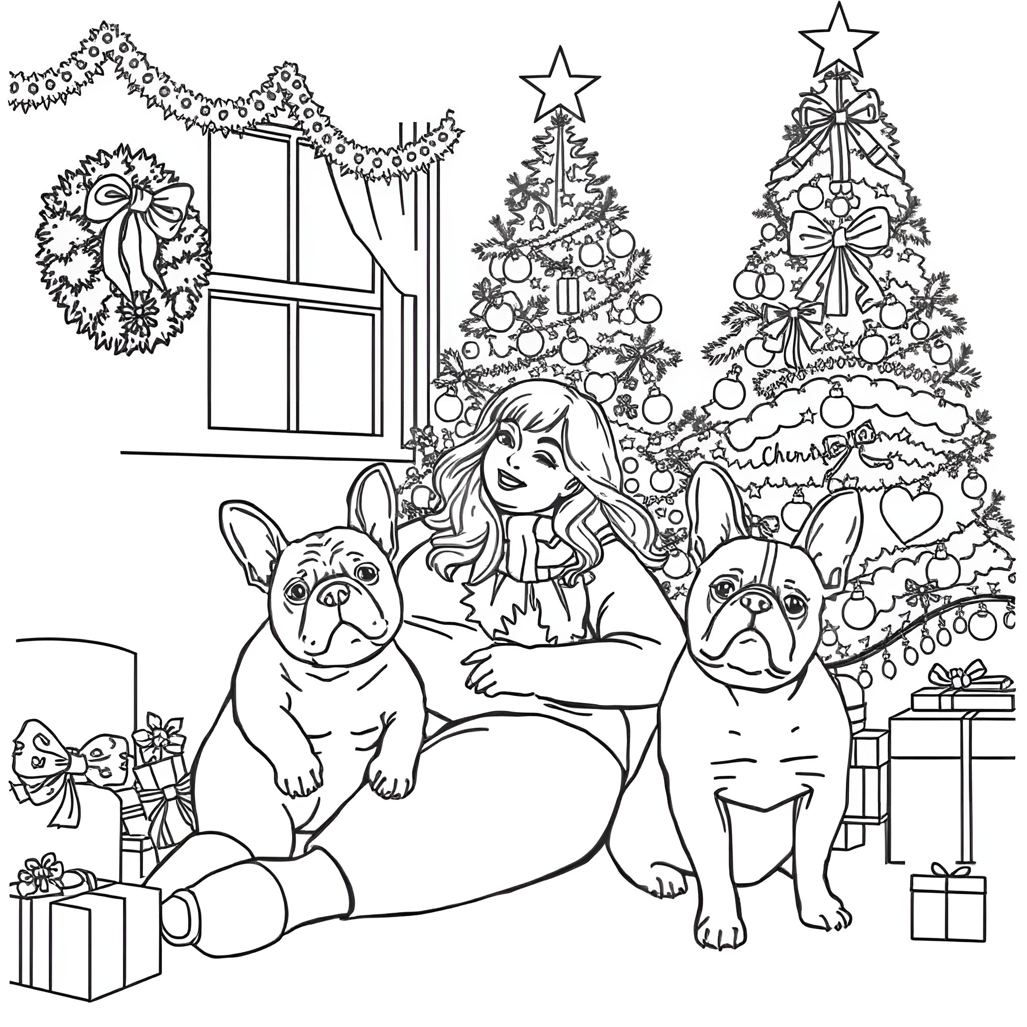 Woman with dogs enjoying Christmas decorations and tree Coloring Page (free black-and-white line drawing printable PDF for all, from beginners to advanced learners, including children, teens, adults, and seniors)