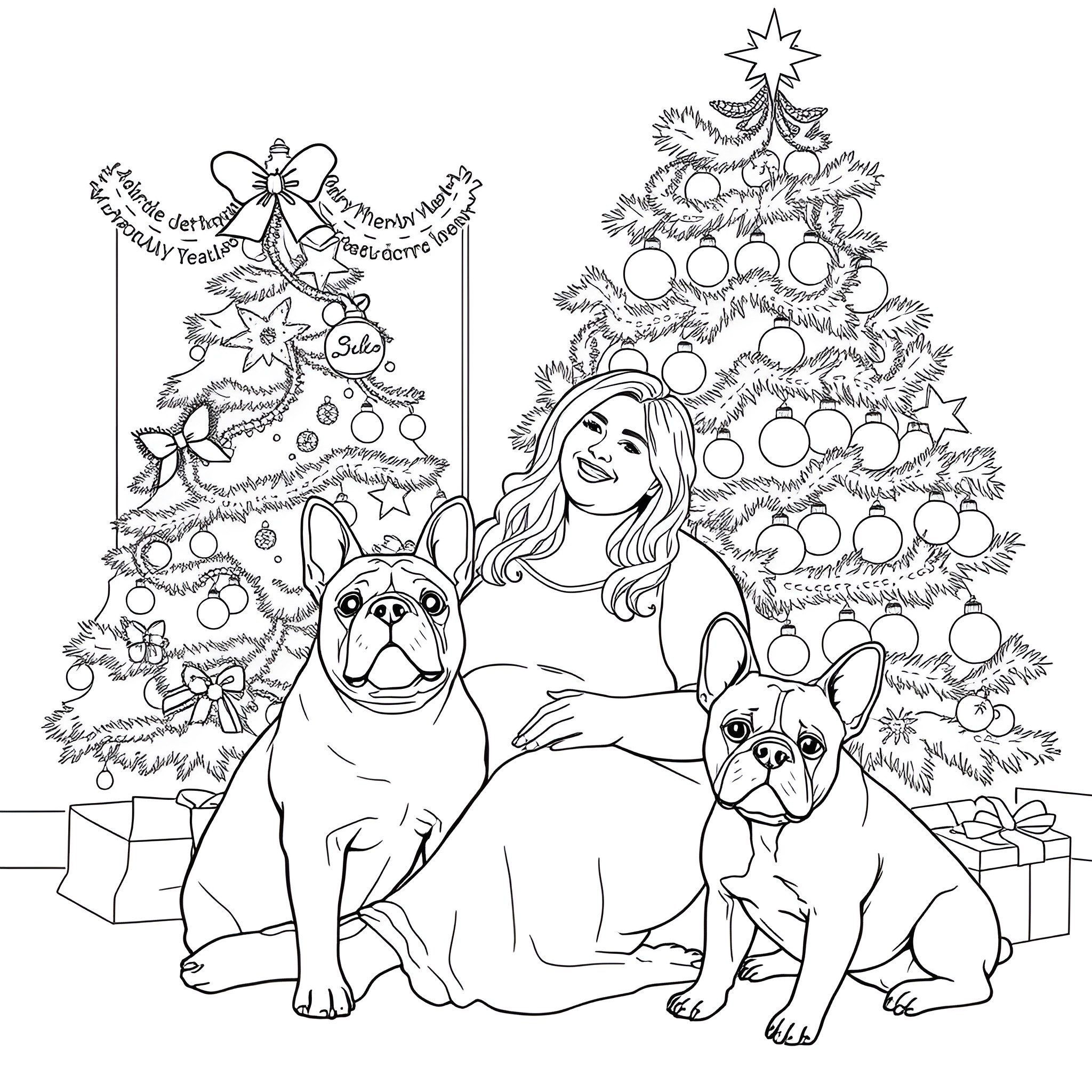 Woman enjoying Christmas with her dogs in front of the tree Coloring Page (free black-and-white line drawing printable PDF for all, from beginners to advanced learners, including children, teens, adults, and seniors)