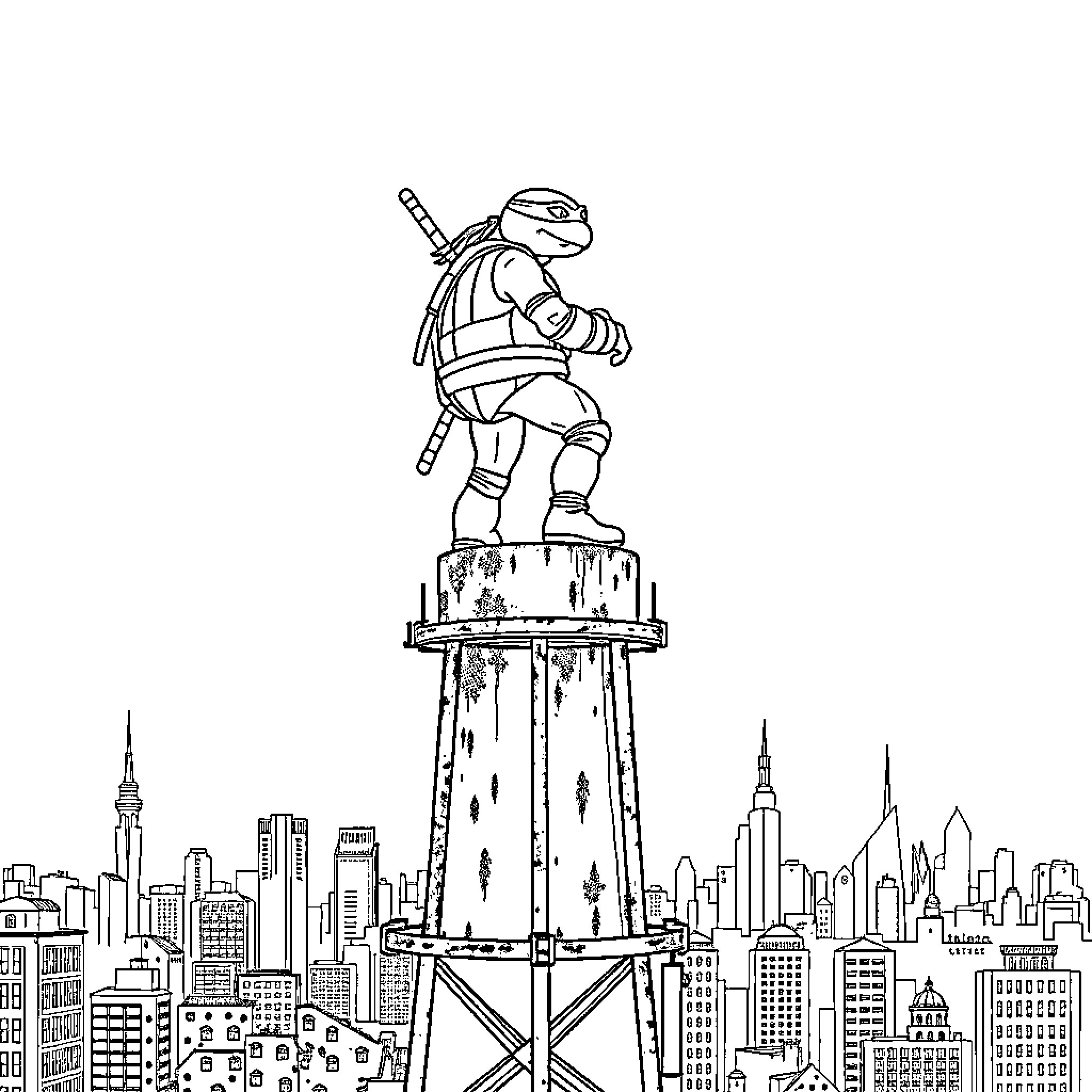 Ninja Turtle standing tall over the city skyline Coloring Page (free black-and-white line drawing printable PDF for all, from beginners to advanced learners, including children, teens, adults, and seniors)