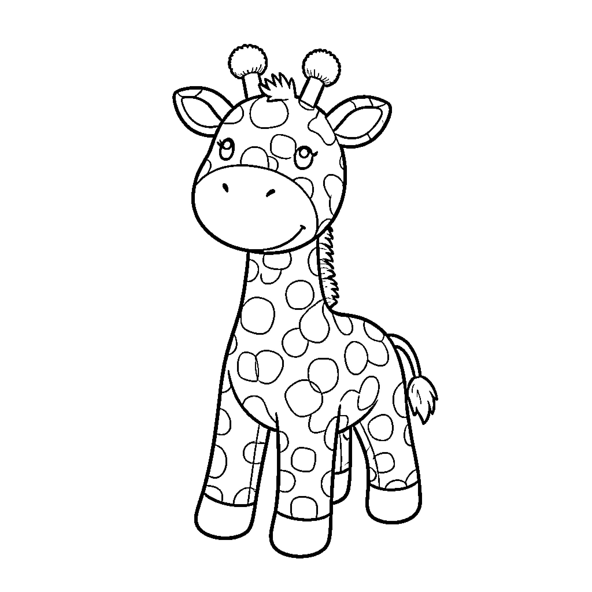 Giraffe standing still and smiling gently Coloring Page (free black-and-white line drawing printable PDF for all, from beginners to advanced learners, including children, teens, adults, and seniors)