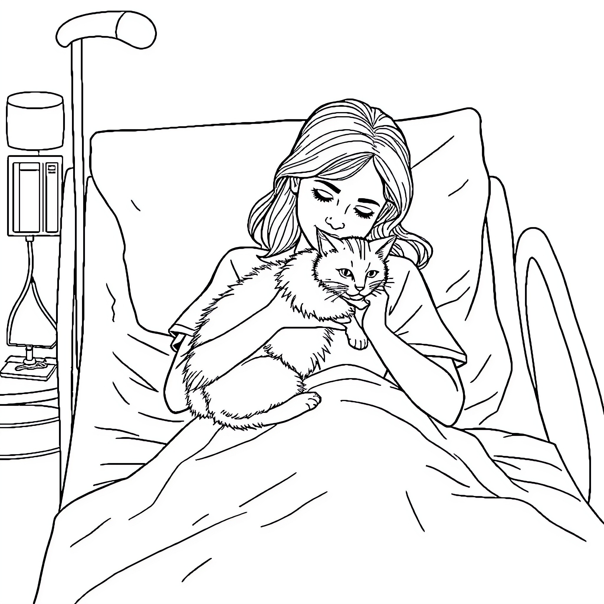 Woman relaxing with a pet cat on the couch Coloring Page (free black-and-white line drawing printable PDF for all, from beginners to advanced learners, including children, teens, adults, and seniors)