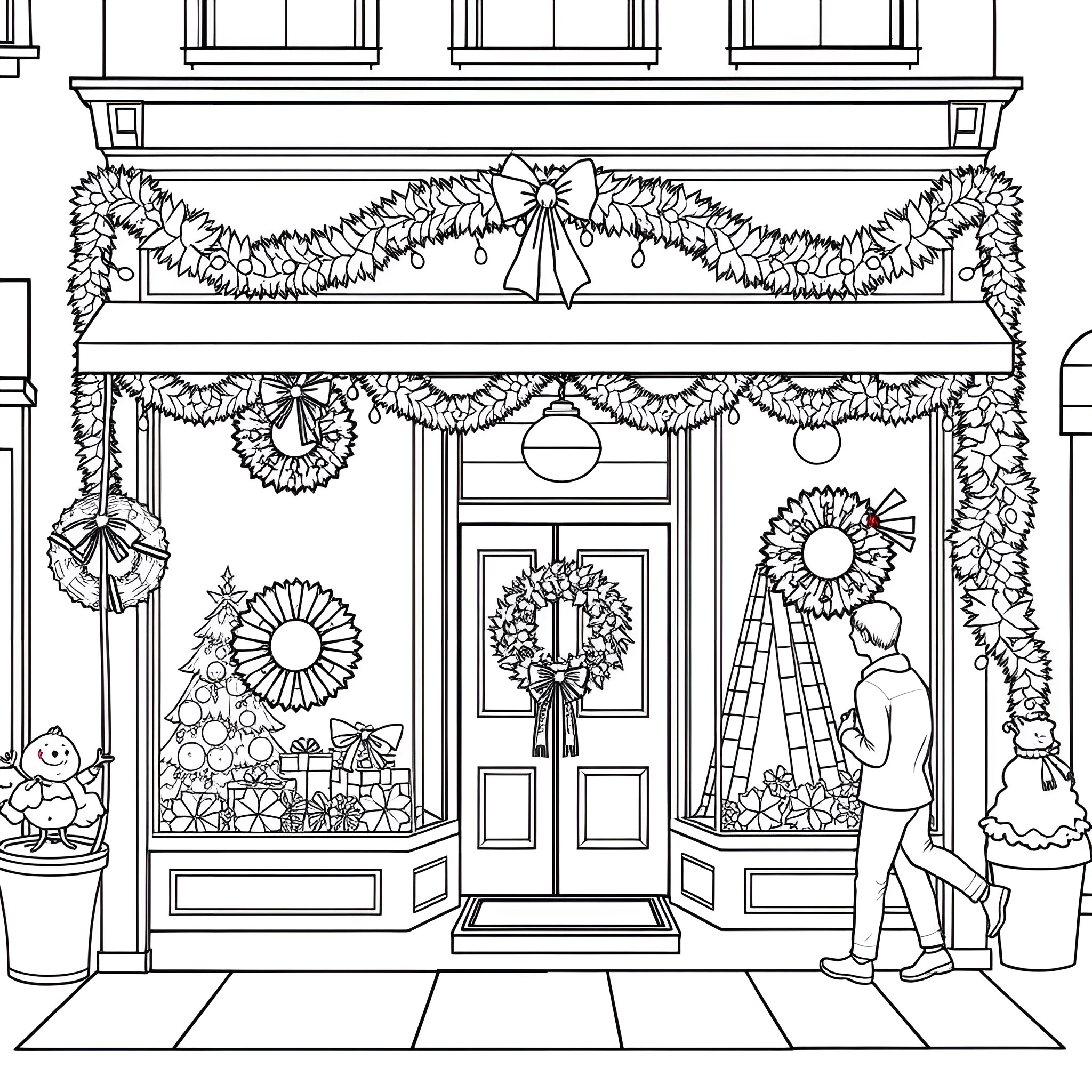 Storefront decorated for the holiday season Coloring Page (free black-and-white line drawing printable PDF for all, from beginners to advanced learners, including children, teens, adults, and seniors)