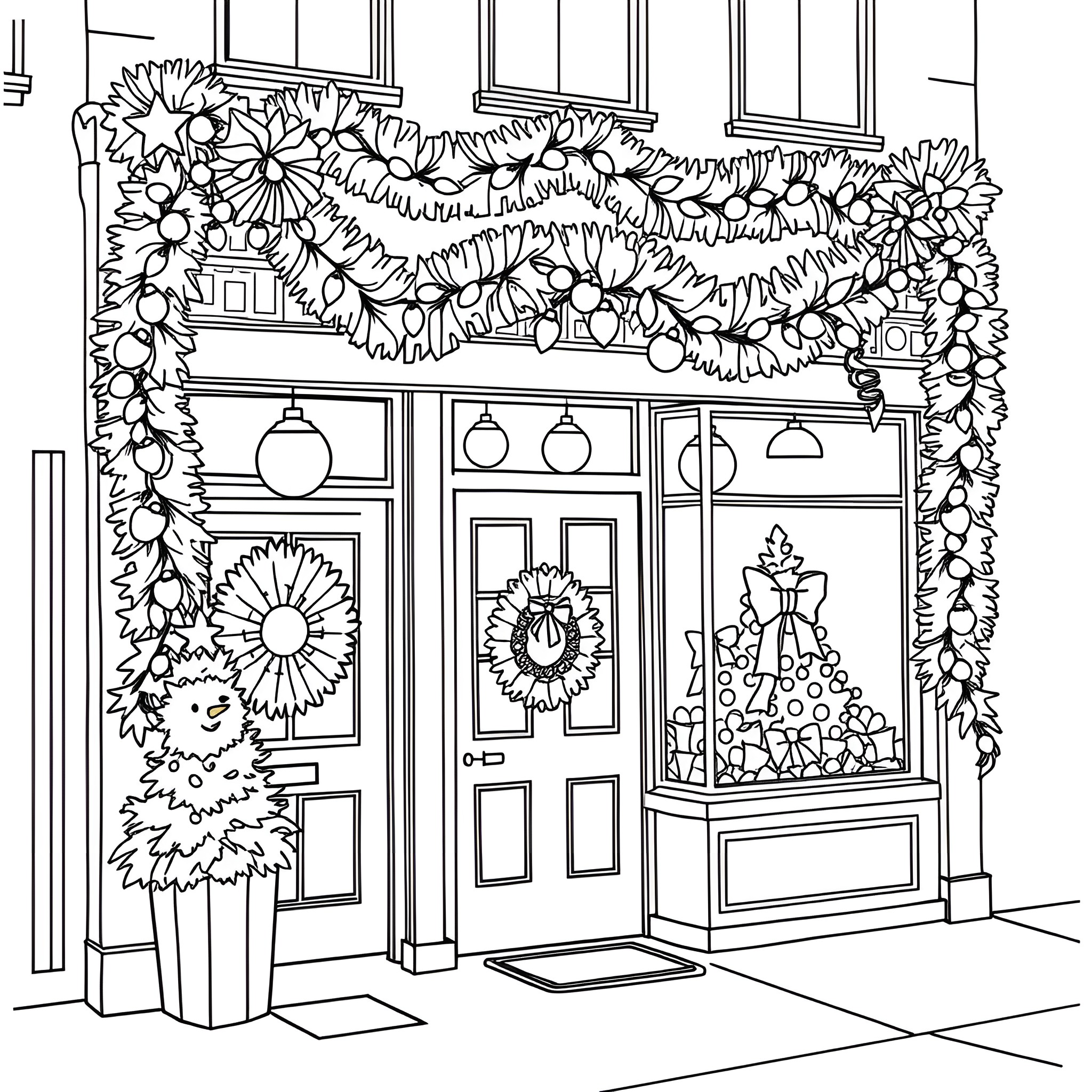 Storefront adorned with festive floral decorations Coloring Page (free black-and-white line drawing printable PDF for all, from beginners to advanced learners, including children, teens, adults, and seniors)