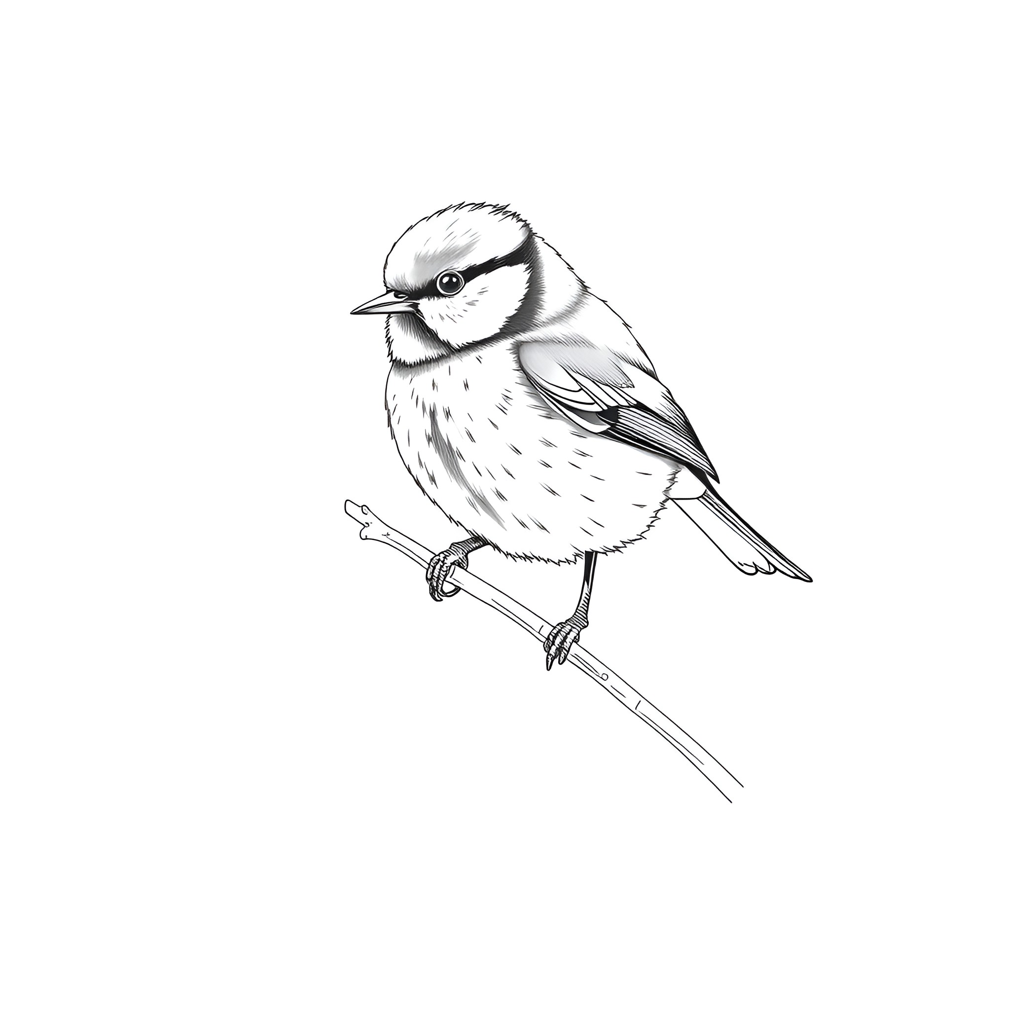 Blue Tit perched on a branch Coloring Page (free black-and-white line drawing printable PDF for all, from beginners to advanced learners, including children, teens, adults, and seniors)