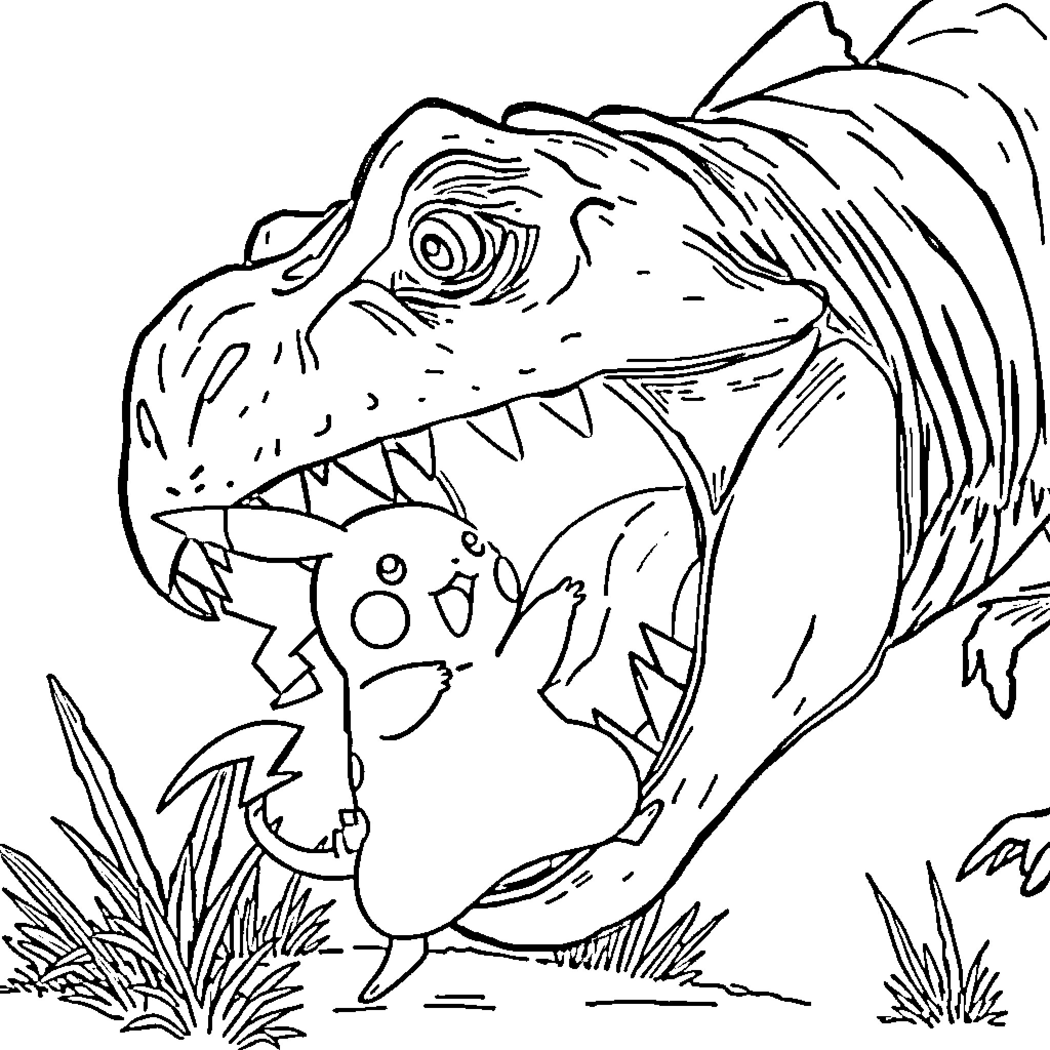 Pikachu confronting a fierce dinosaur in the wild Coloring Page (free black-and-white line drawing printable PDF for all, from beginners to advanced learners, including children, teens, adults, and seniors)