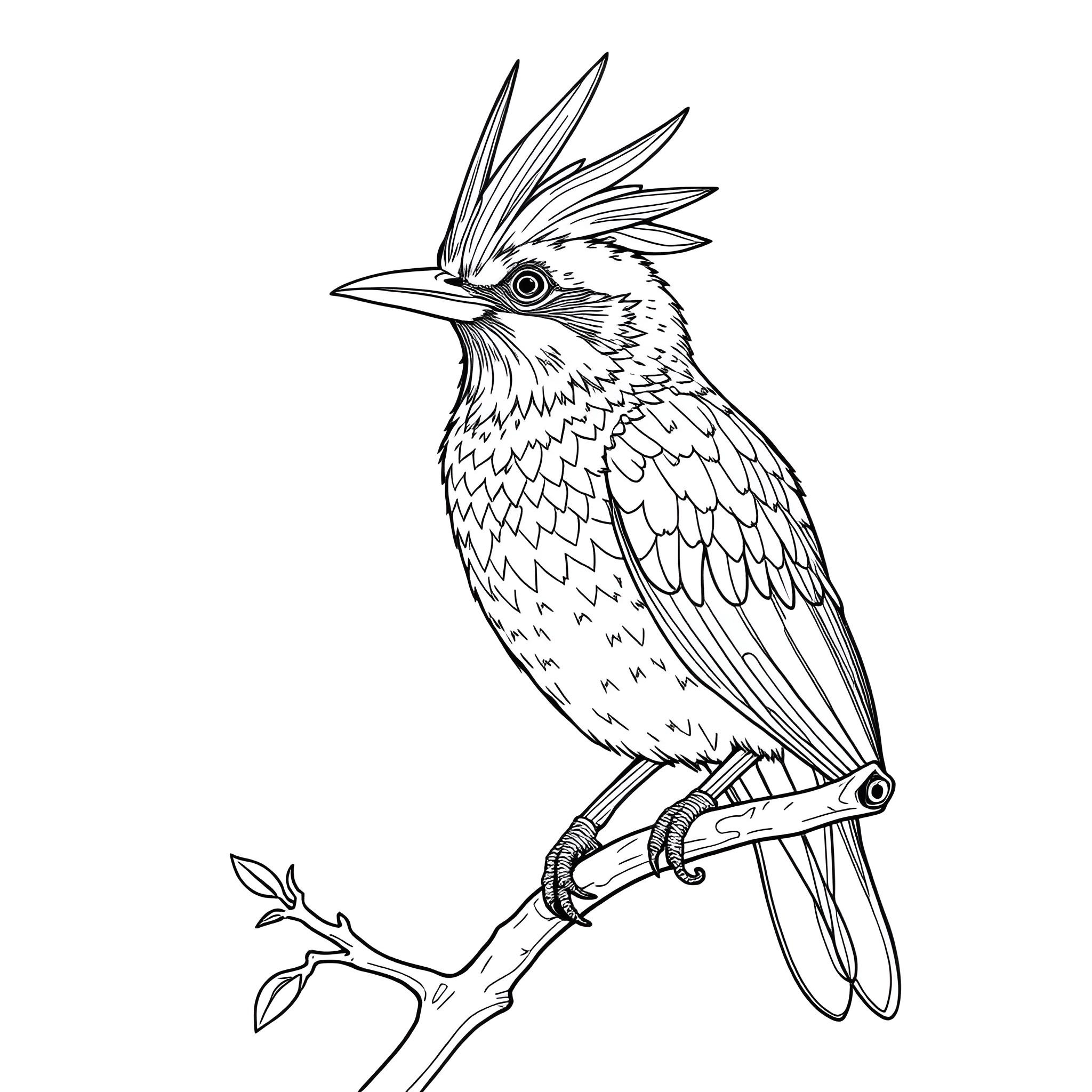 Lophophanes bird perched on a branch Coloring Page (free black-and-white line drawing printable PDF for all, from beginners to advanced learners, including children, teens, adults, and seniors)