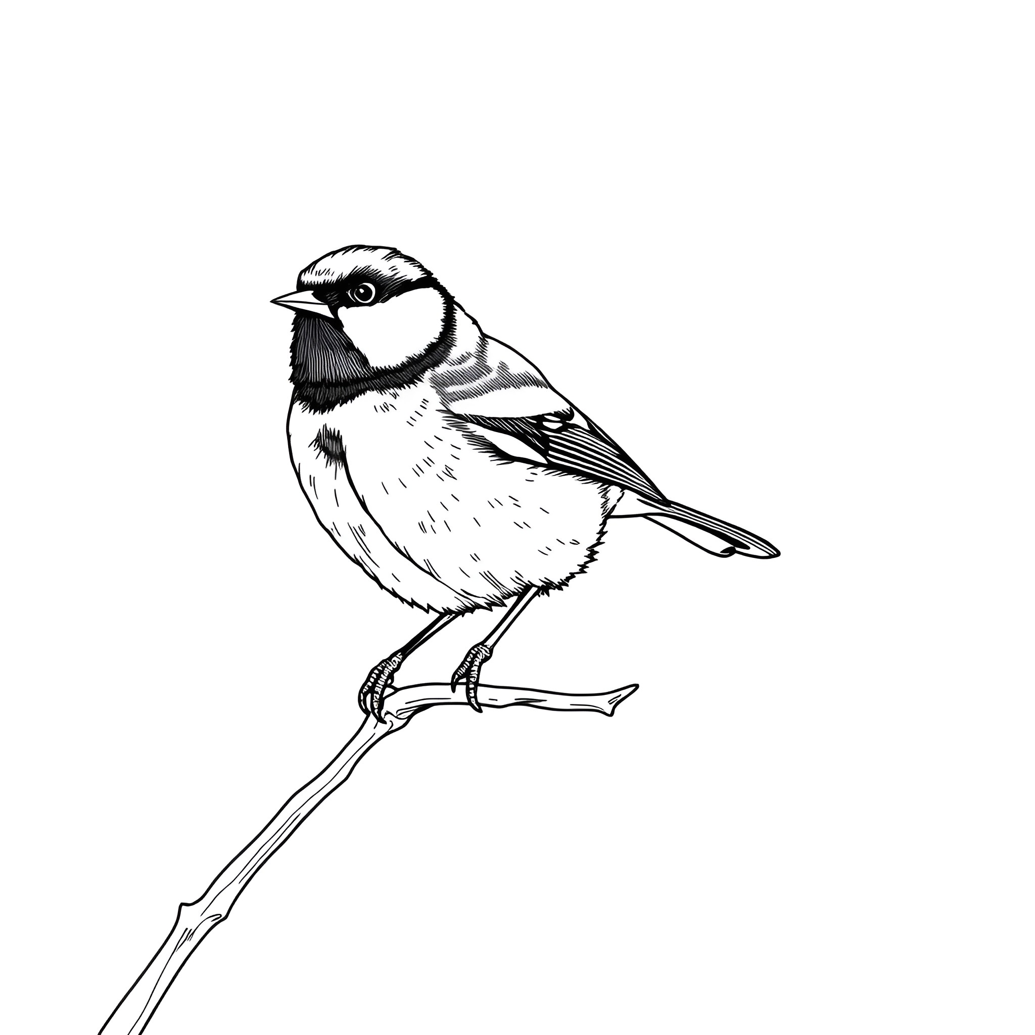 Great Tit perched gracefully on branch Coloring Page (free black-and-white line drawing printable PDF for all, from beginners to advanced learners, including children, teens, adults, and seniors)