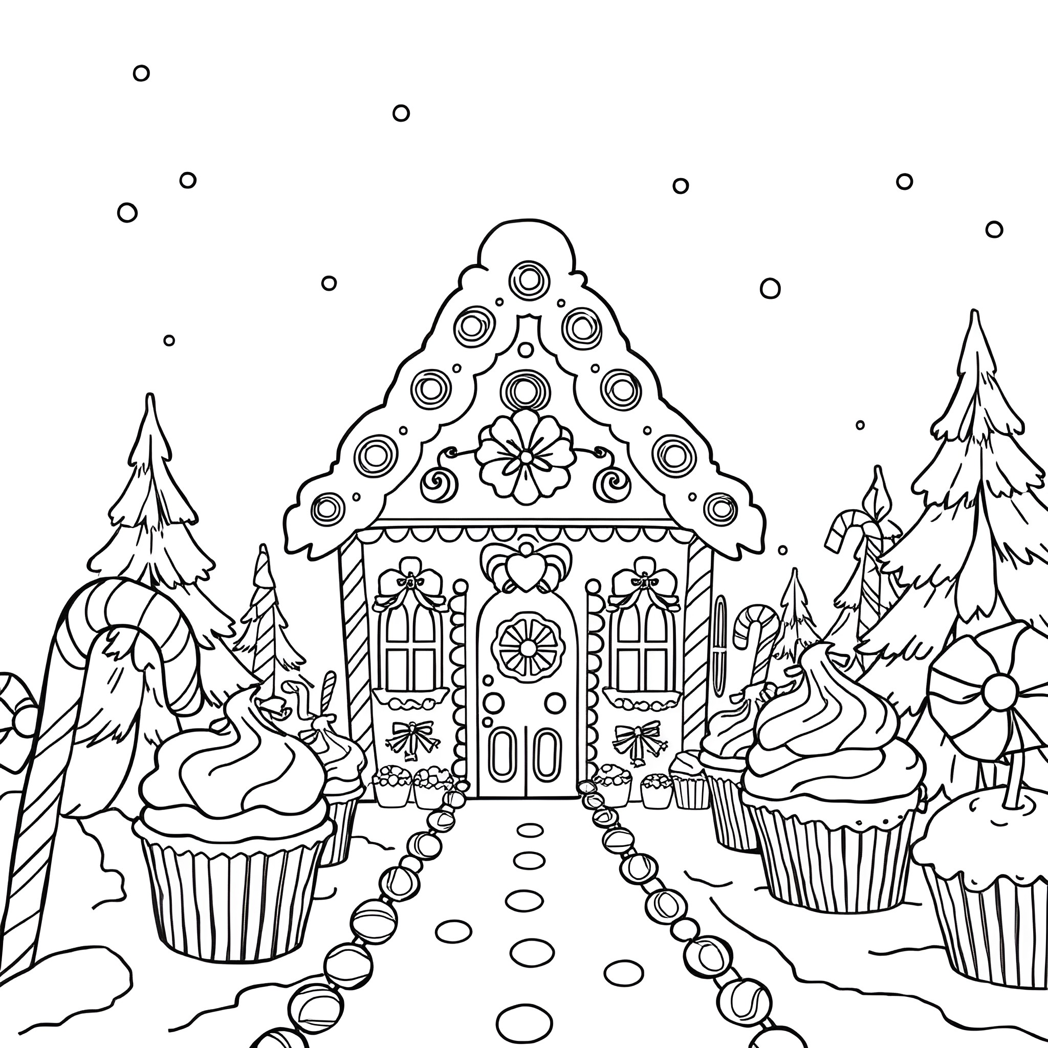 Gingerbread House with Cupcakes and Winter Landscape Coloring Page (free black-and-white line drawing printable PDF for all, from beginners to advanced learners, including children, teens, adults, and seniors)