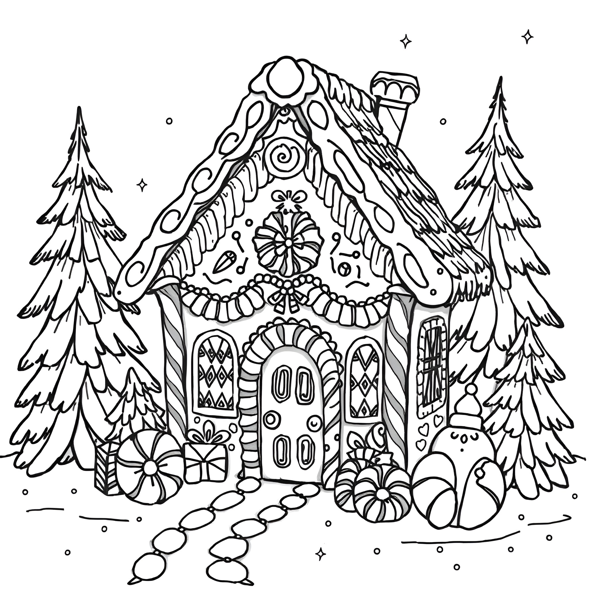 Gingerbread House with Intricate Decorations in Winter Wonderland Coloring Page (free black-and-white line drawing printable PDF for all, from beginners to advanced learners, including children, teens, adults, and seniors)