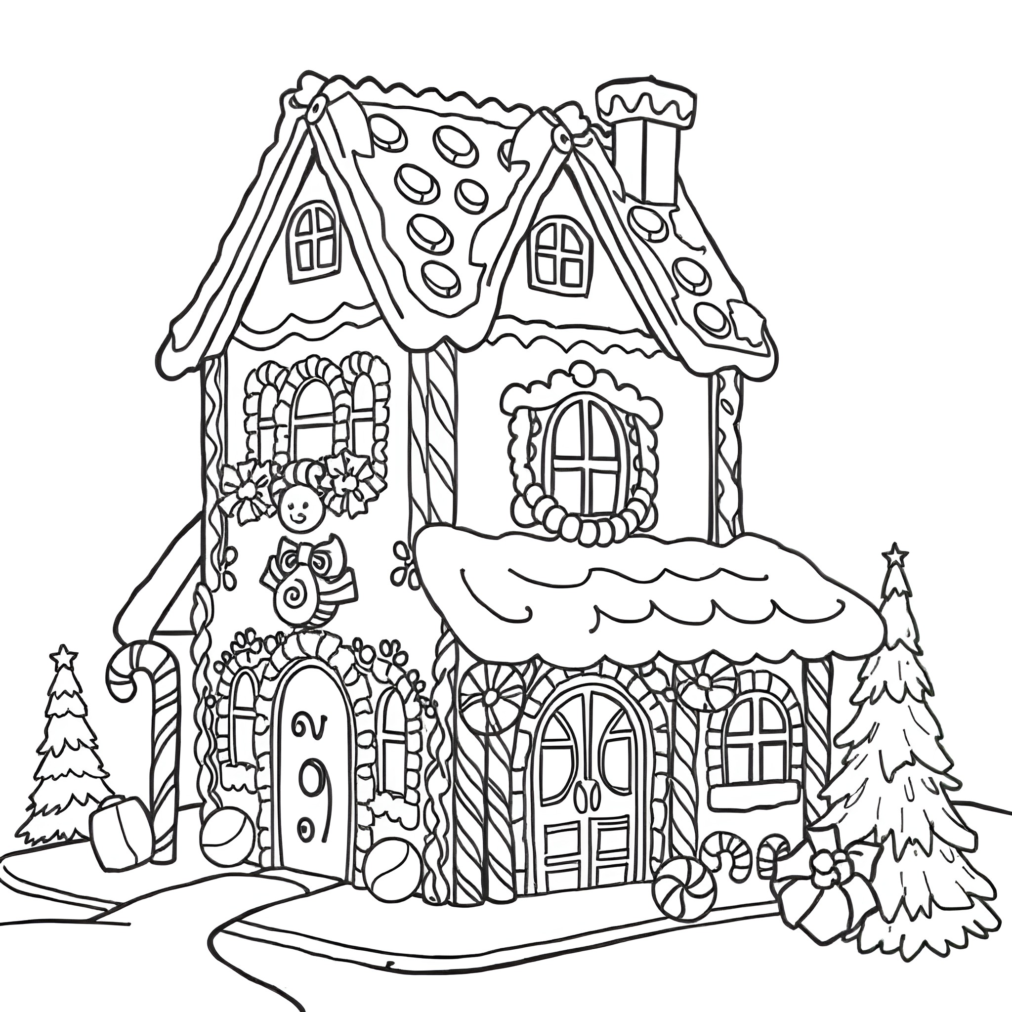 Gingerbread House decorated with candy and festive ornaments Coloring Page (free black-and-white line drawing printable PDF for all, from beginners to advanced learners, including children, teens, adults, and seniors)