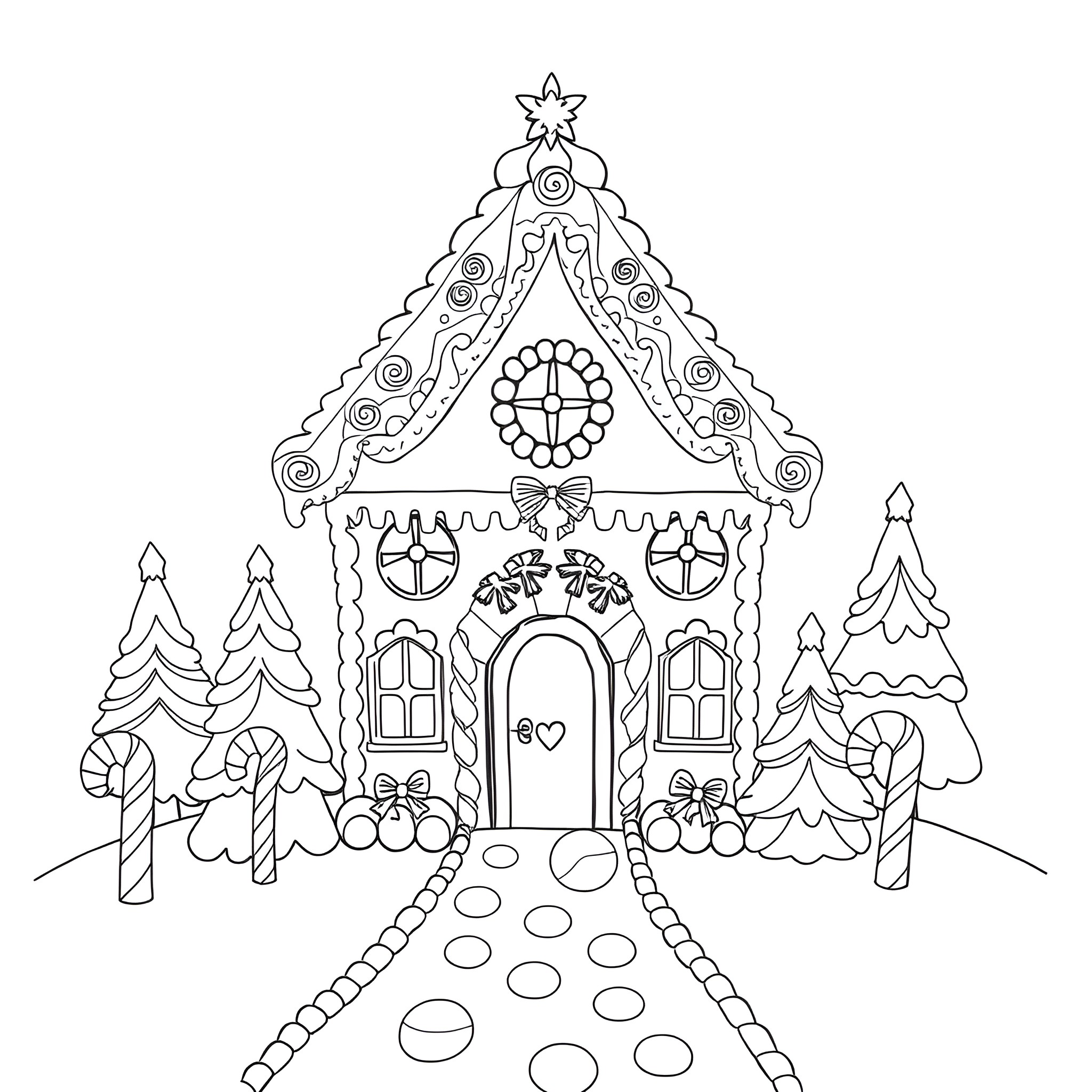 Gingerbread House in Snowy Landscape with Decorated Facade Coloring Page (free black-and-white line drawing printable PDF for all, from beginners to advanced learners, including children, teens, adults, and seniors)
