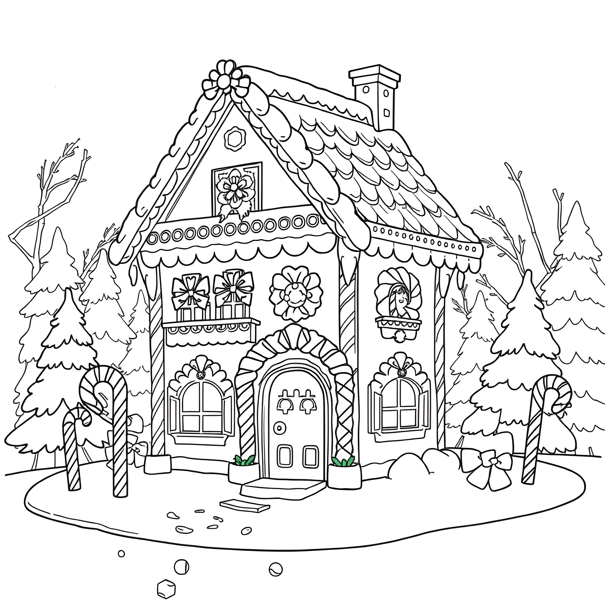 Gingerbread House with Whimsical Decorations in Snowy Forest Coloring Page (free black-and-white line drawing printable PDF for all, from beginners to advanced learners, including children, teens, adults, and seniors)