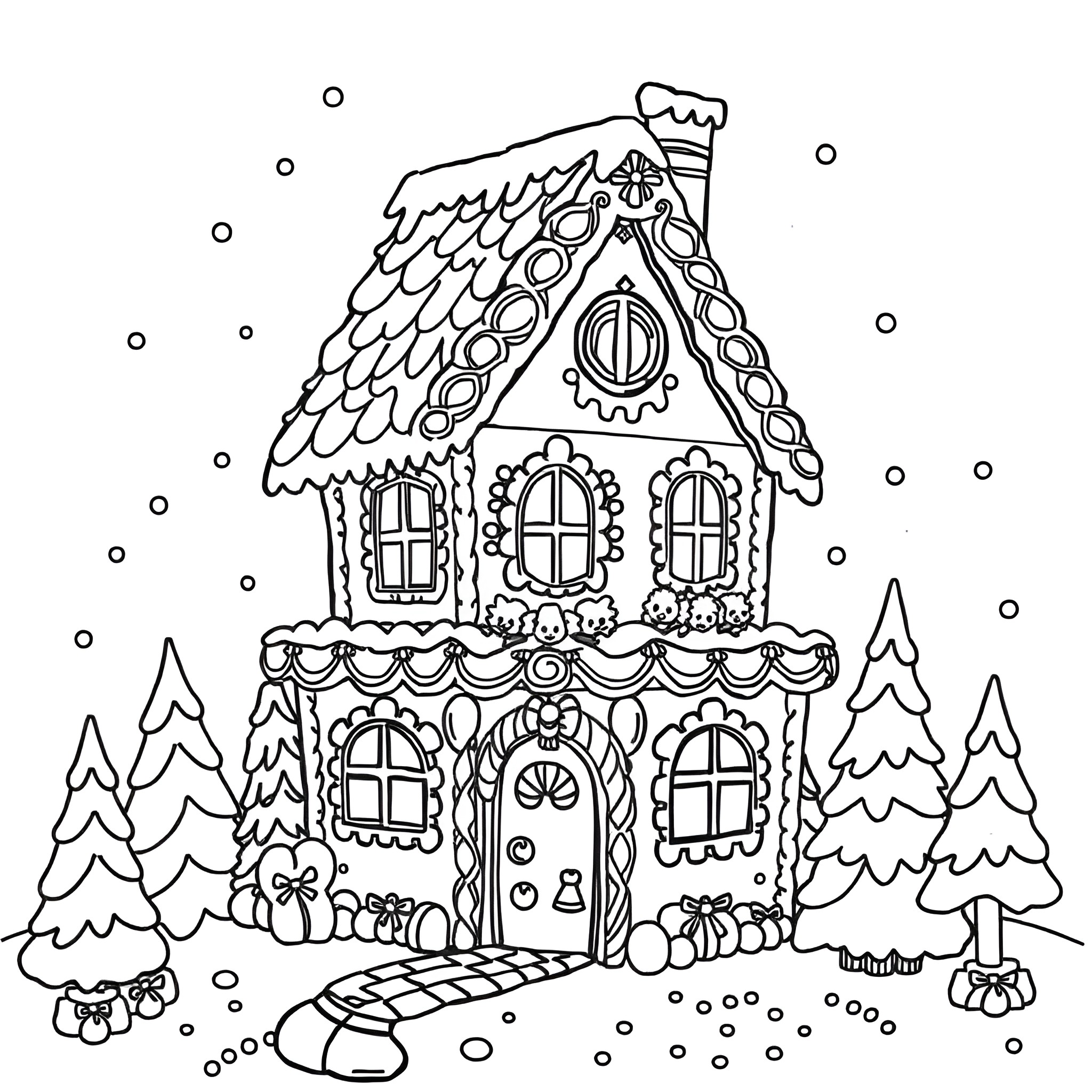 Gingerbread House in a Snowy Winter Wonderland Coloring Page (free black-and-white line drawing printable PDF for all, from beginners to advanced learners, including children, teens, adults, and seniors)