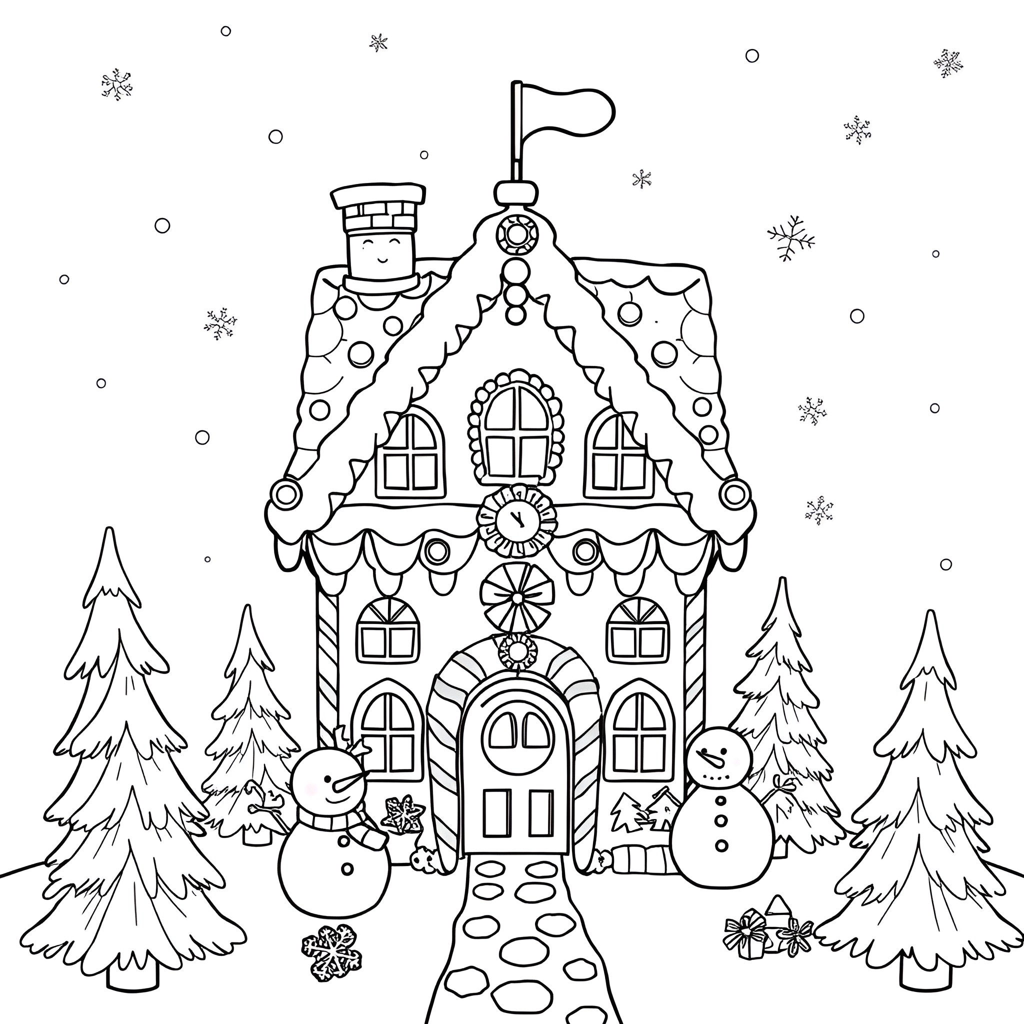 Gingerbread House with Decorations and Snowman in Winter Wonderland Coloring Page (free black-and-white line drawing printable PDF for all, from beginners to advanced learners, including children, teens, adults, and seniors)
