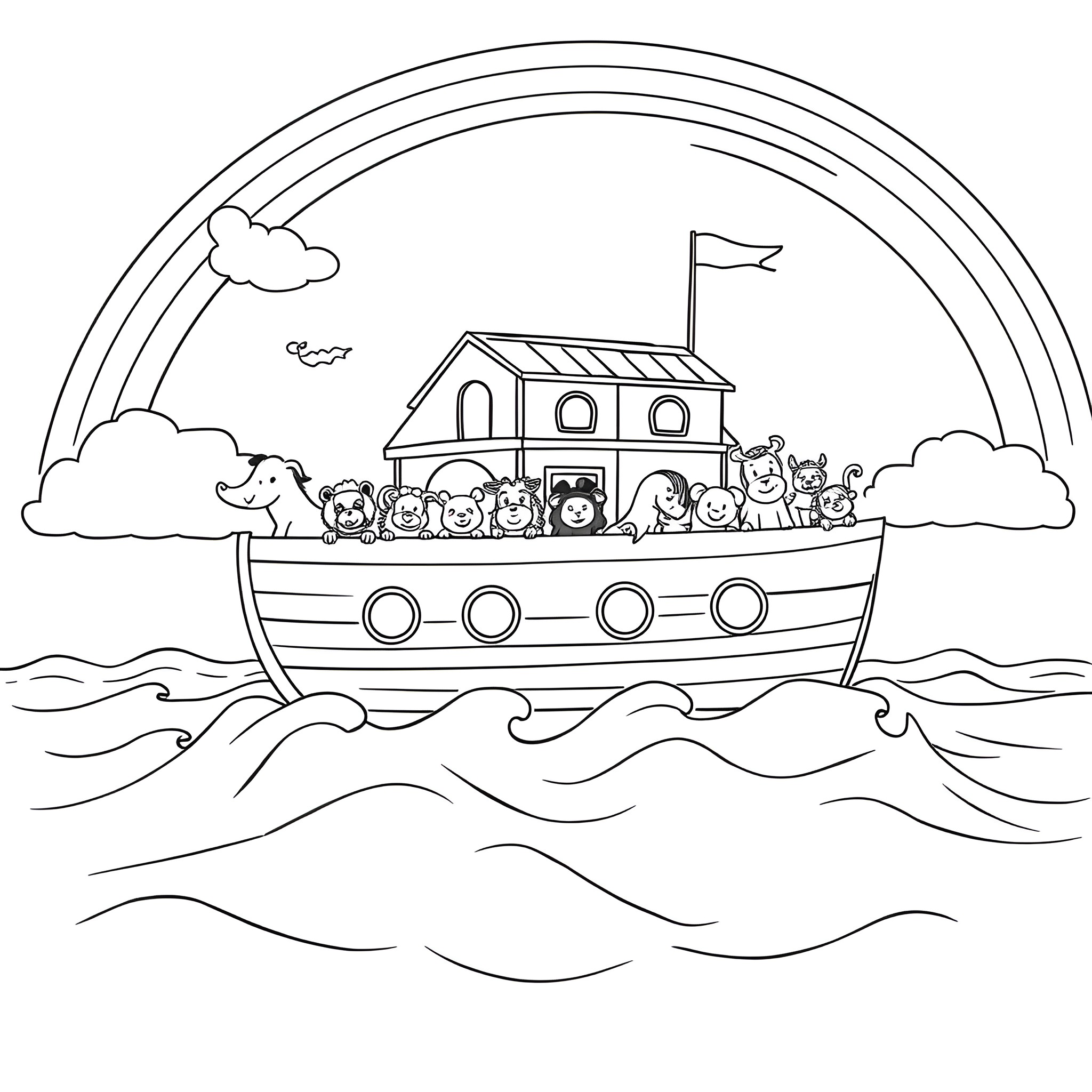 Noah's Ark with Animals Sailing on Waves Coloring Page (free black-and-white line drawing printable PDF for all, from beginners to advanced learners, including children, teens, adults, and seniors)