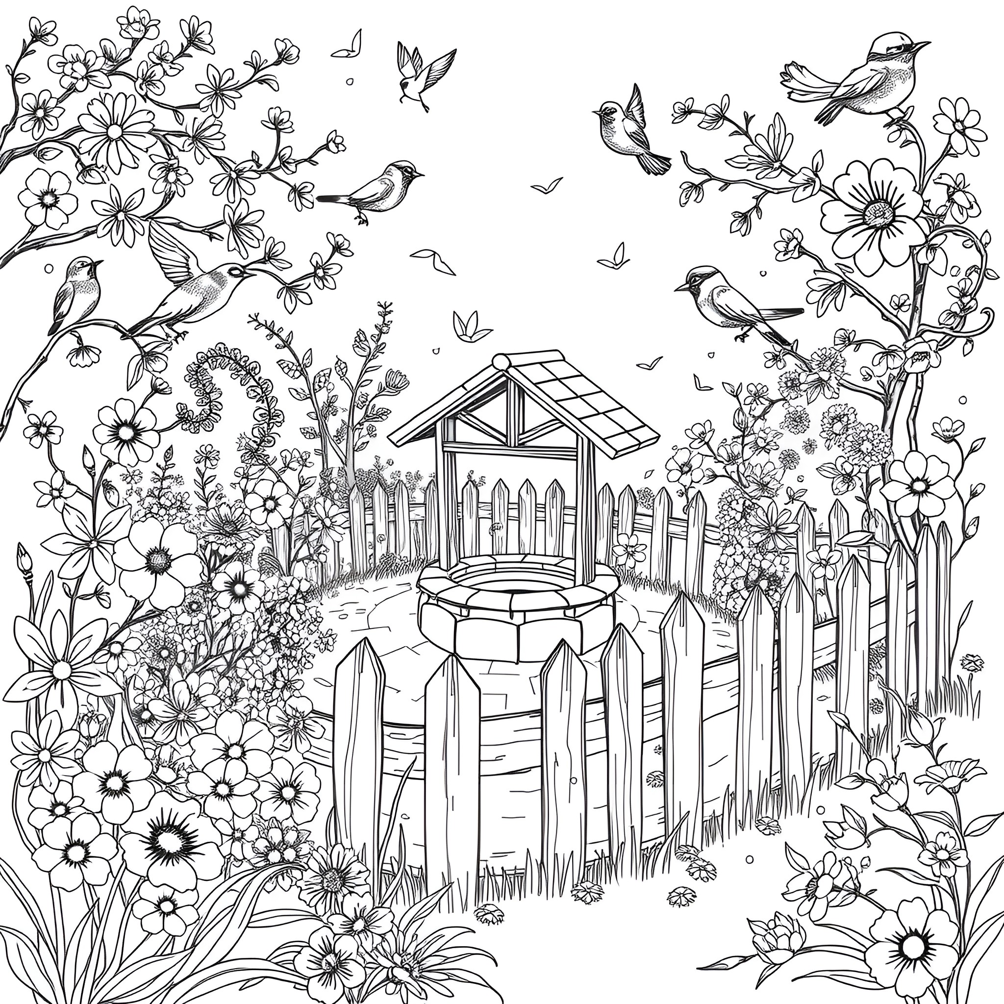Garden with Flowers, Birds, and Wishing Well Coloring Page (free black-and-white line drawing printable PDF for all, from beginners to advanced learners, including children, teens, adults, and seniors)