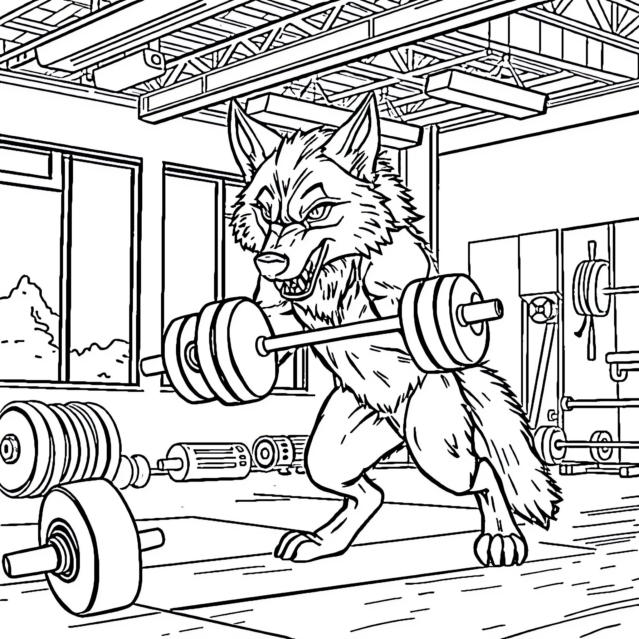 Wolf lifting weights in a gym Coloring Page (free black-and-white line drawing printable PDF for all, from beginners to advanced learners, including children, teens, adults, and seniors)