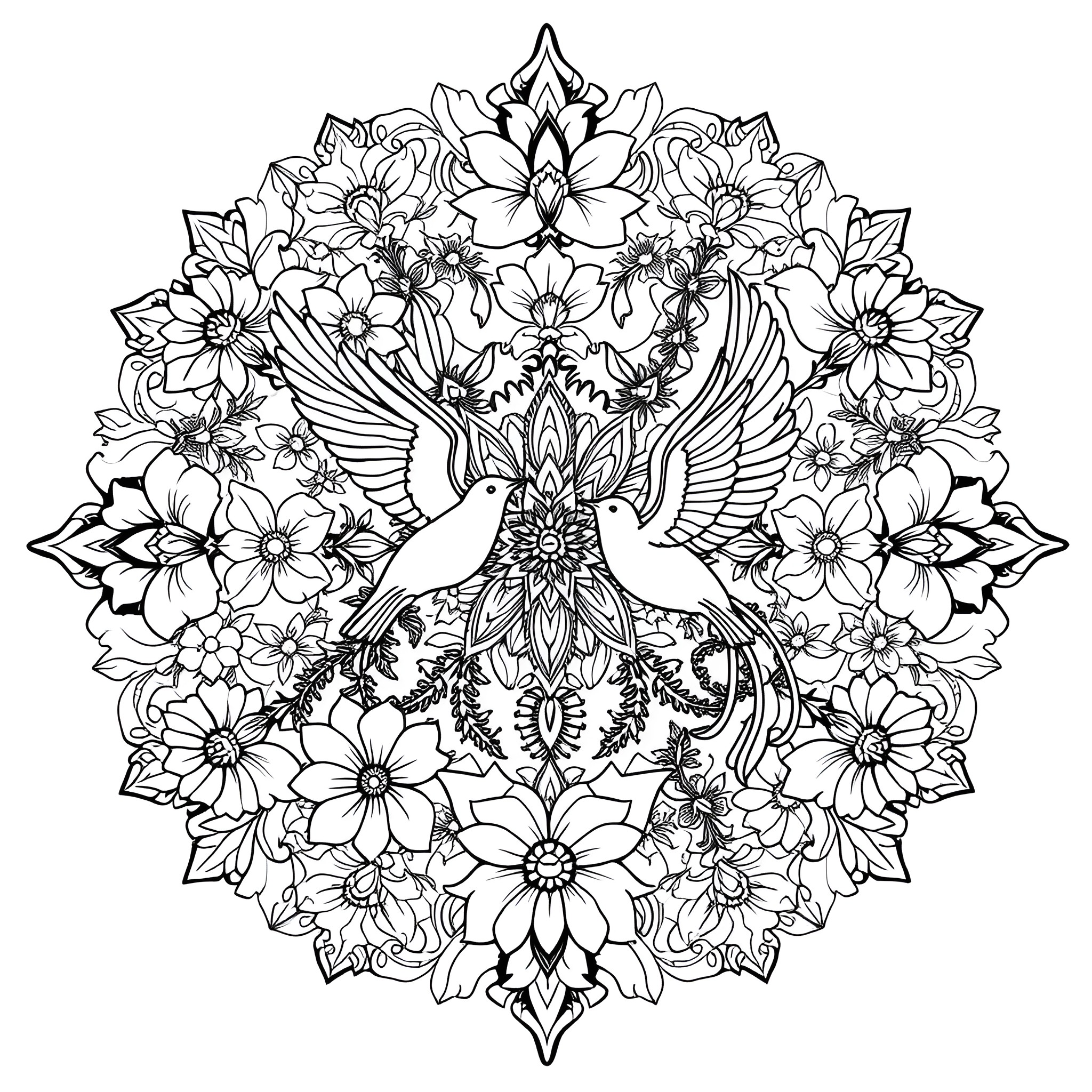 Bird surrounded by beautiful floral arrangement Coloring Page (free black-and-white line drawing printable PDF for all, from beginners to advanced learners, including children, teens, adults, and seniors)