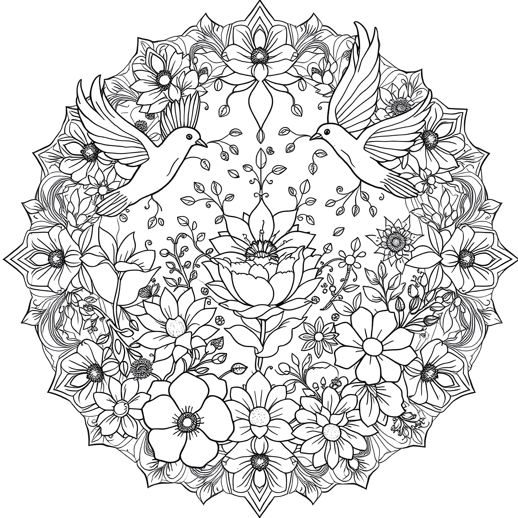 Bird-themed floral mandala with intricate details Coloring Page (free black-and-white line drawing printable PDF for all, from beginners to advanced learners, including children, teens, adults, and seniors)