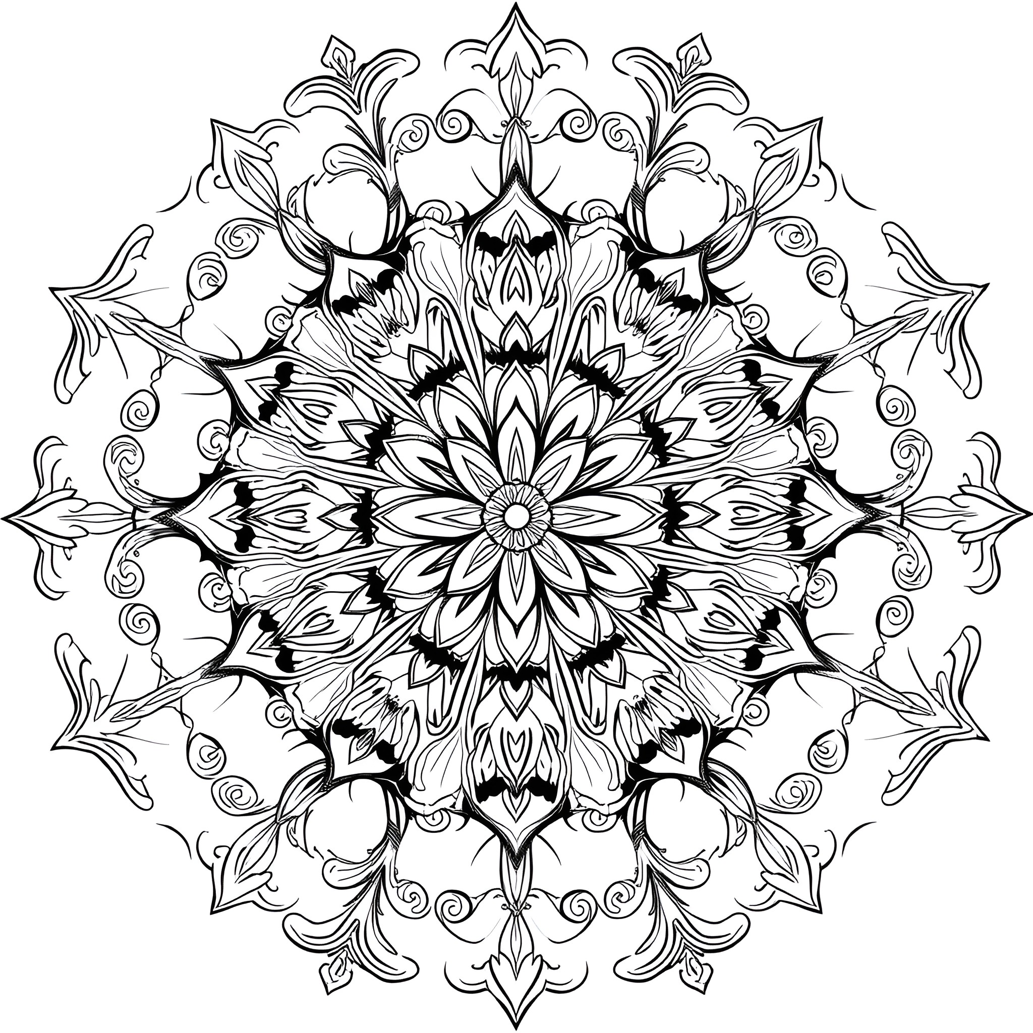 Mandala with intricate floral patterns and symmetrical design Coloring Page (free black-and-white line drawing printable PDF for all, from beginners to advanced learners, including children, teens, adults, and seniors)