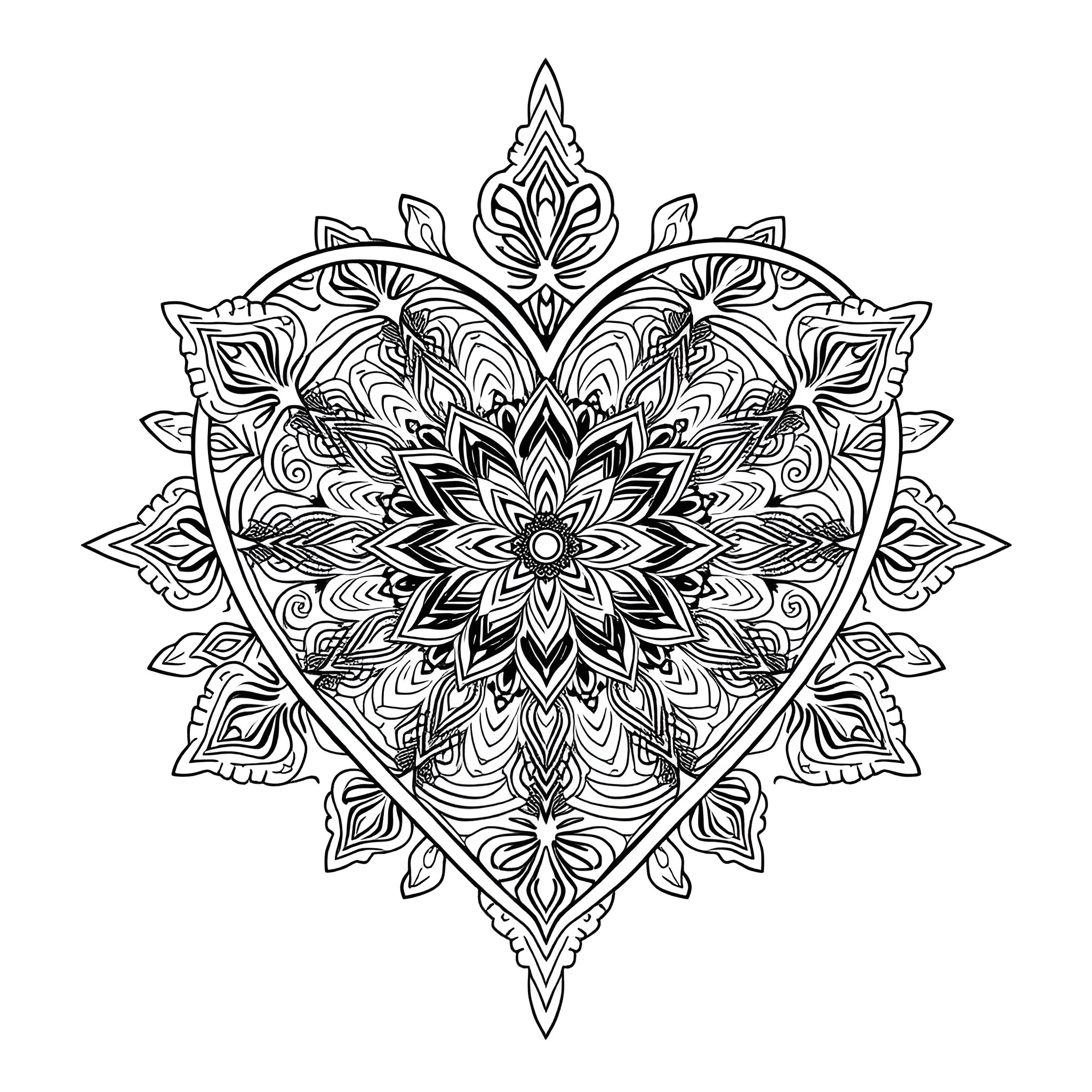 Heart-shaped Intricate Floral Mandala Design Coloring Page (free black-and-white line drawing printable PDF for all, from beginners to advanced learners, including children, teens, adults, and seniors)