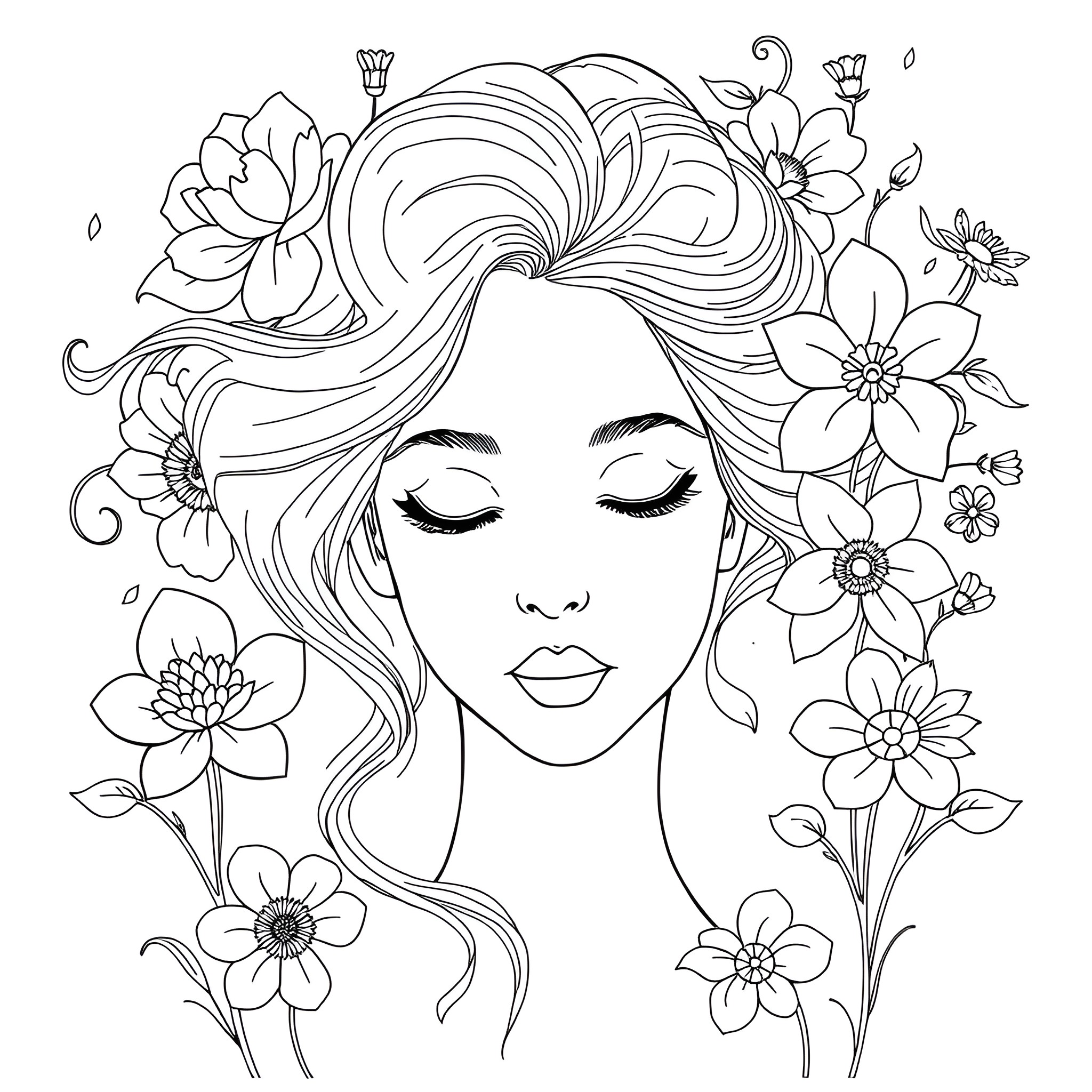 Woman with floral hair surrounded by flowers Coloring Page (free black-and-white line drawing printable PDF for all, from beginners to advanced learners, including children, teens, adults, and seniors)