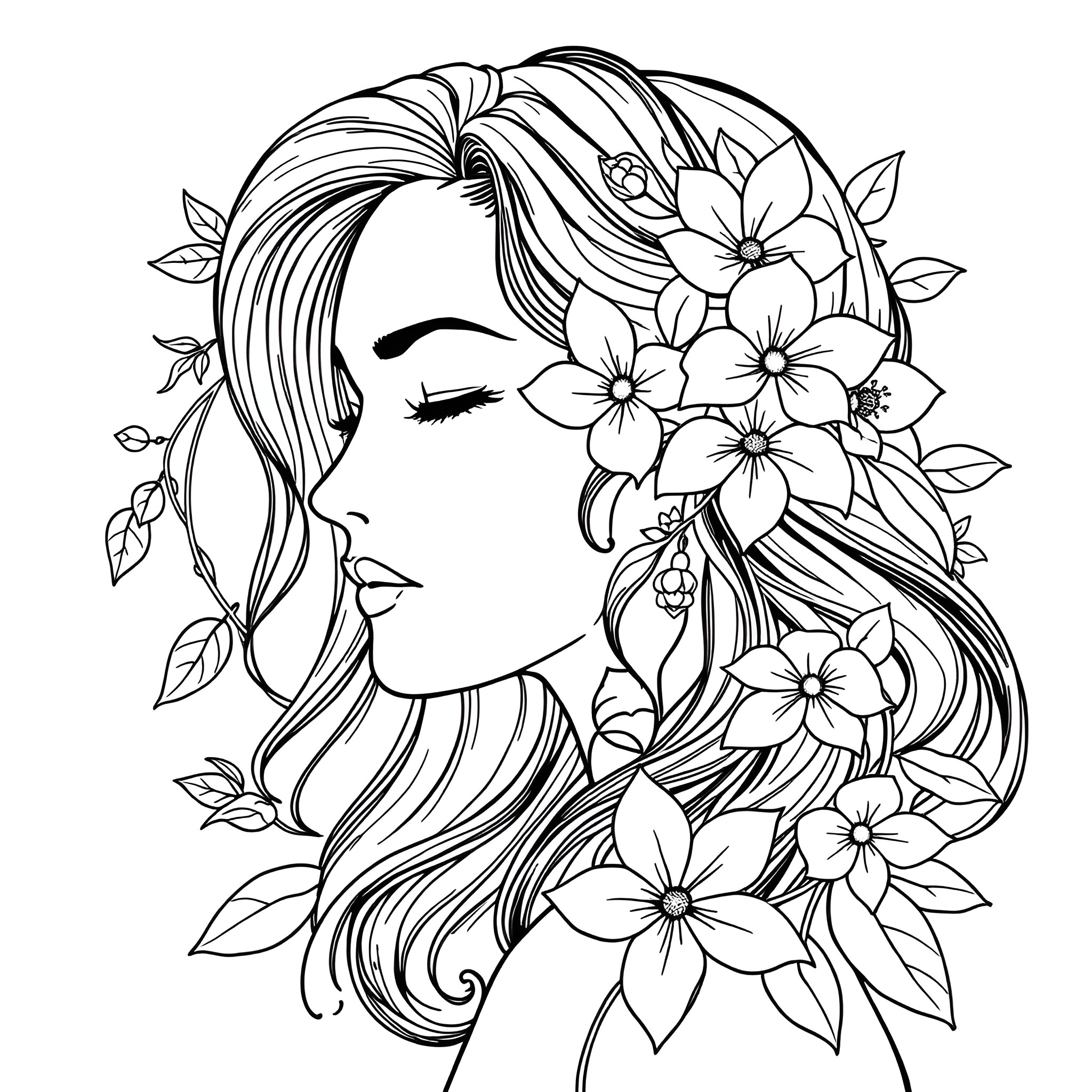 Woman with floral hair ornaments Coloring Page (free black-and-white line drawing printable PDF for all, from beginners to advanced learners, including children, teens, adults, and seniors)