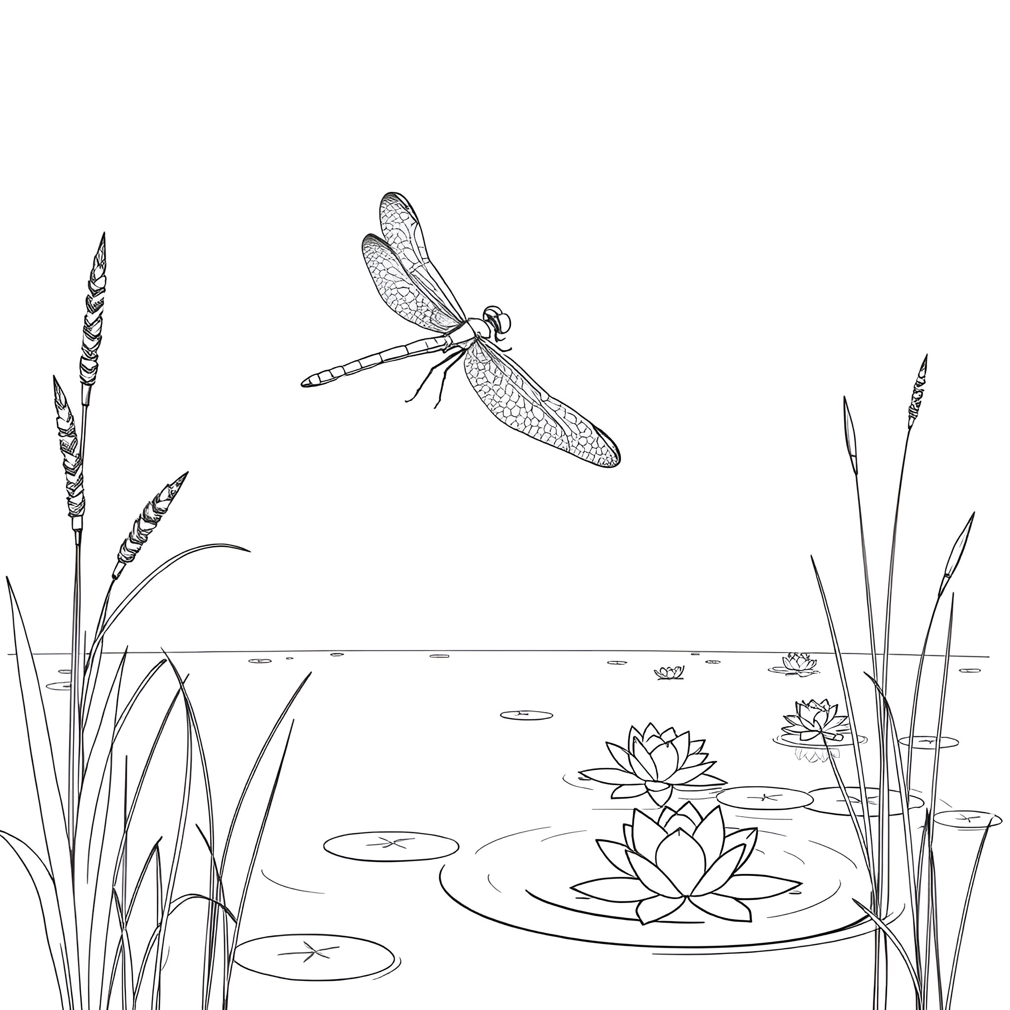 Dragonfly hovering over a serene pond with water lilies Coloring Page (free black-and-white line drawing printable PDF for all, from beginners to advanced learners, including children, teens, adults, and seniors)