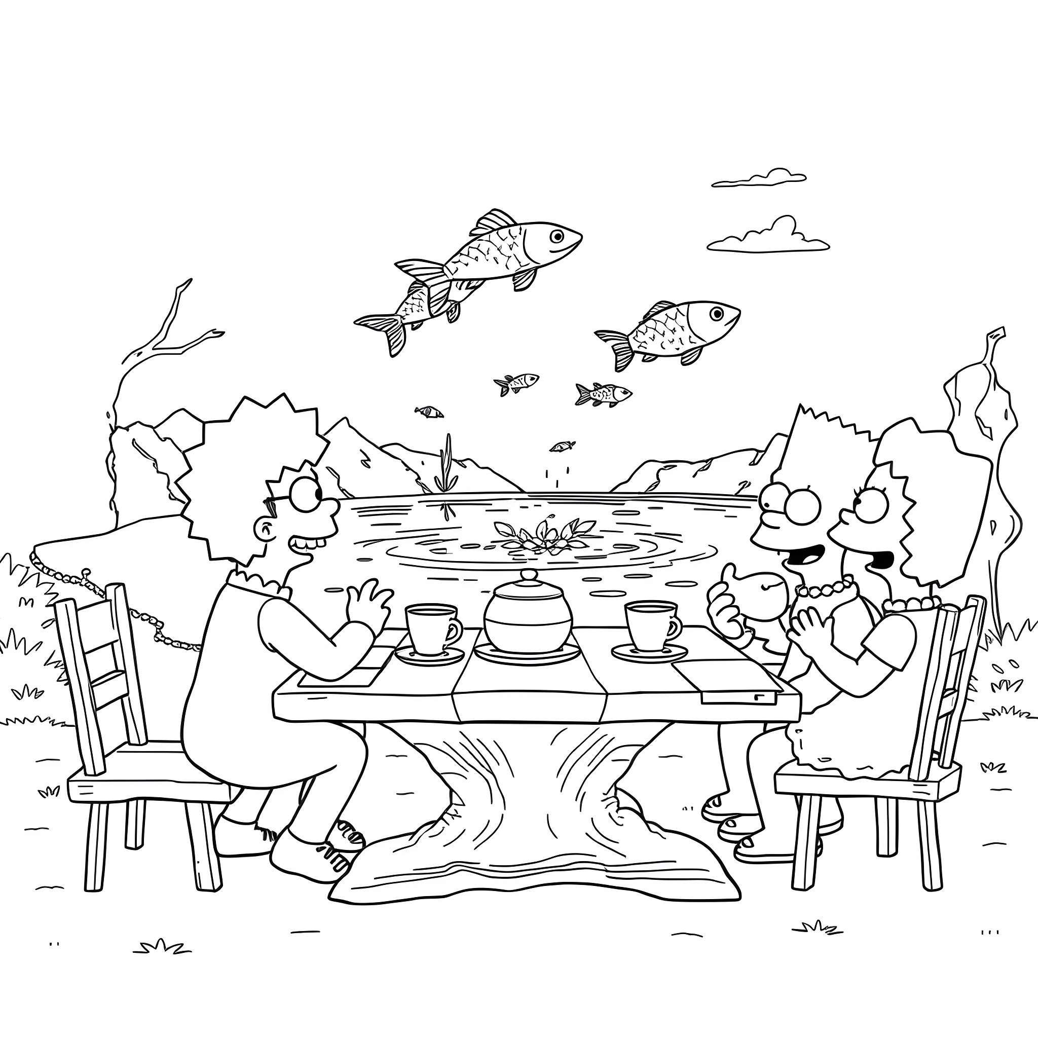 Simpson family enjoying a picnic by the pond Coloring Page (free black-and-white line drawing printable PDF for all, from beginners to advanced learners, including children, teens, adults, and seniors)