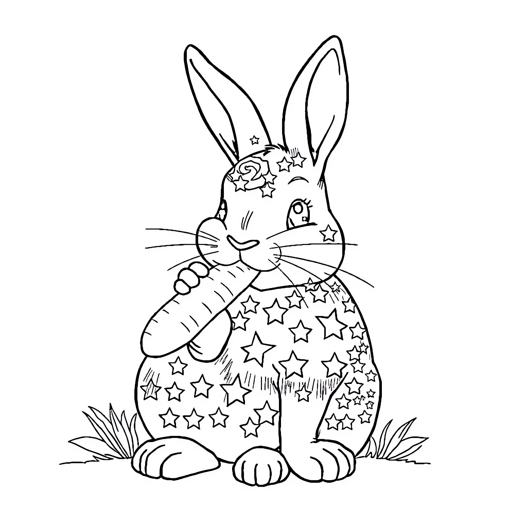 Bunny with star-patterned outfit sitting in the grass Coloring Page (free black-and-white line drawing printable PDF for all, from beginners to advanced learners, including children, teens, adults, and seniors)