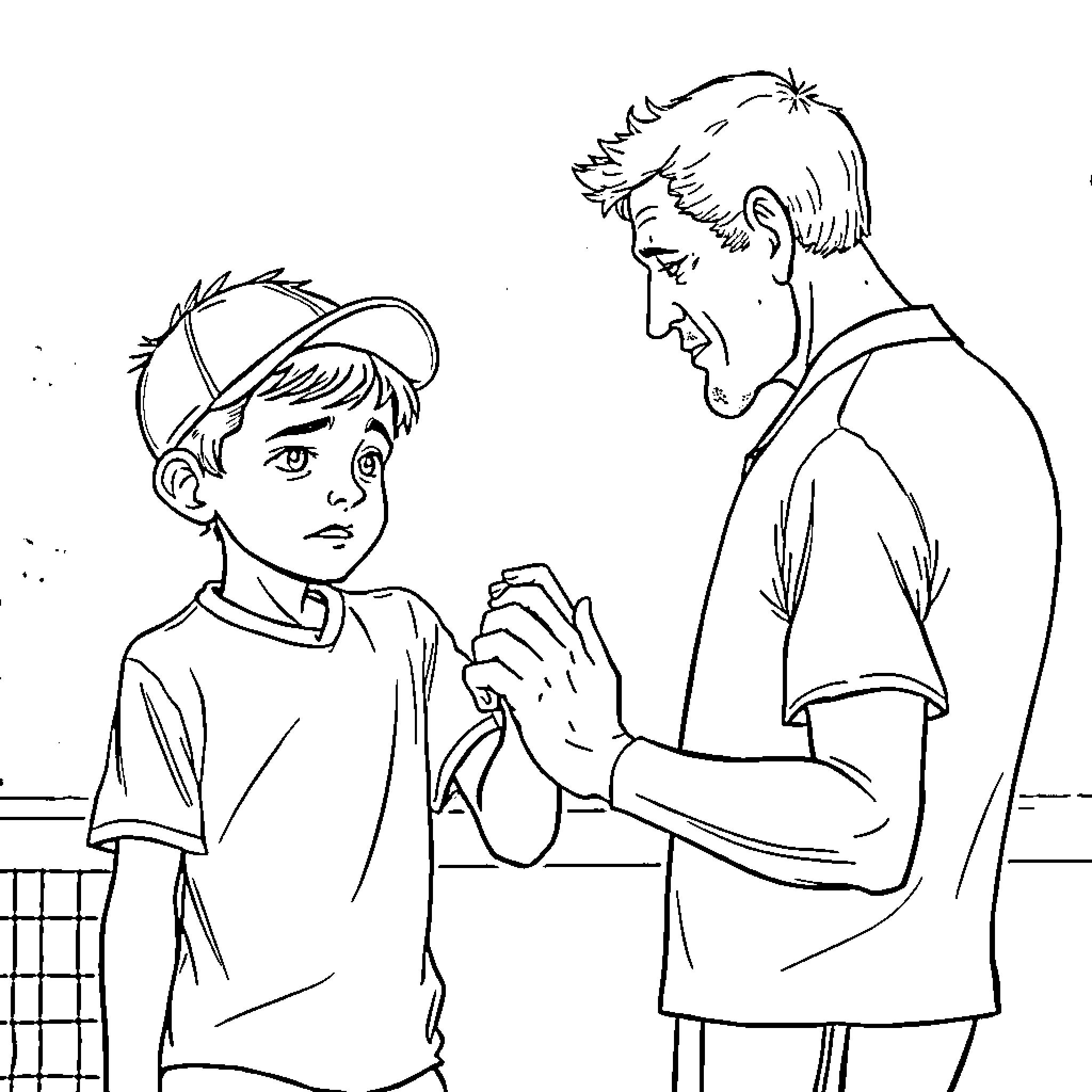 Tennis Player Speaking to a Young Player Coloring Page (free black-and-white line drawing printable PDF for all, from beginners to advanced learners, including children, teens, adults, and seniors)