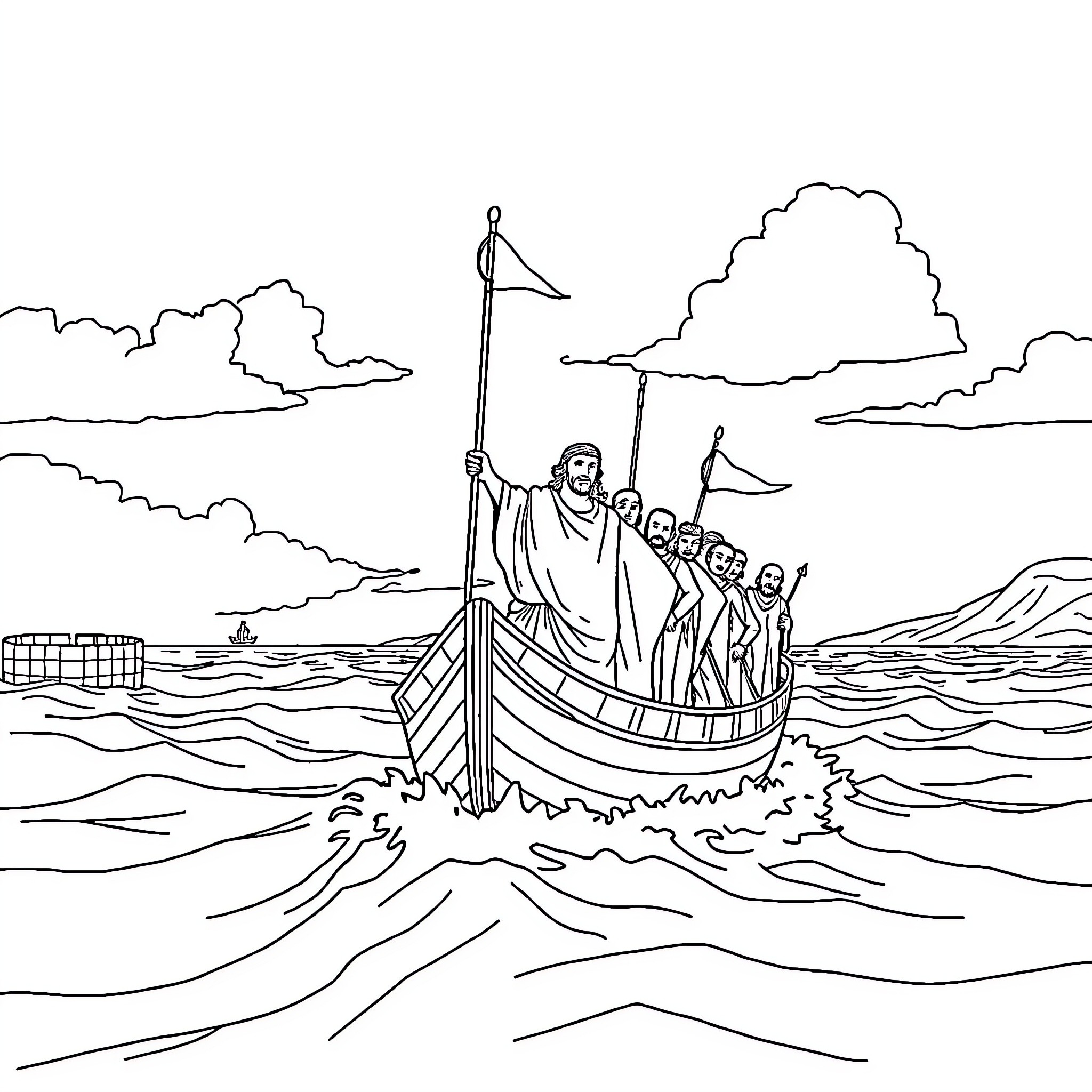 Moses leading people across the parted sea Coloring Page (free black-and-white line drawing printable PDF for all, from beginners to advanced learners, including children, teens, adults, and seniors)