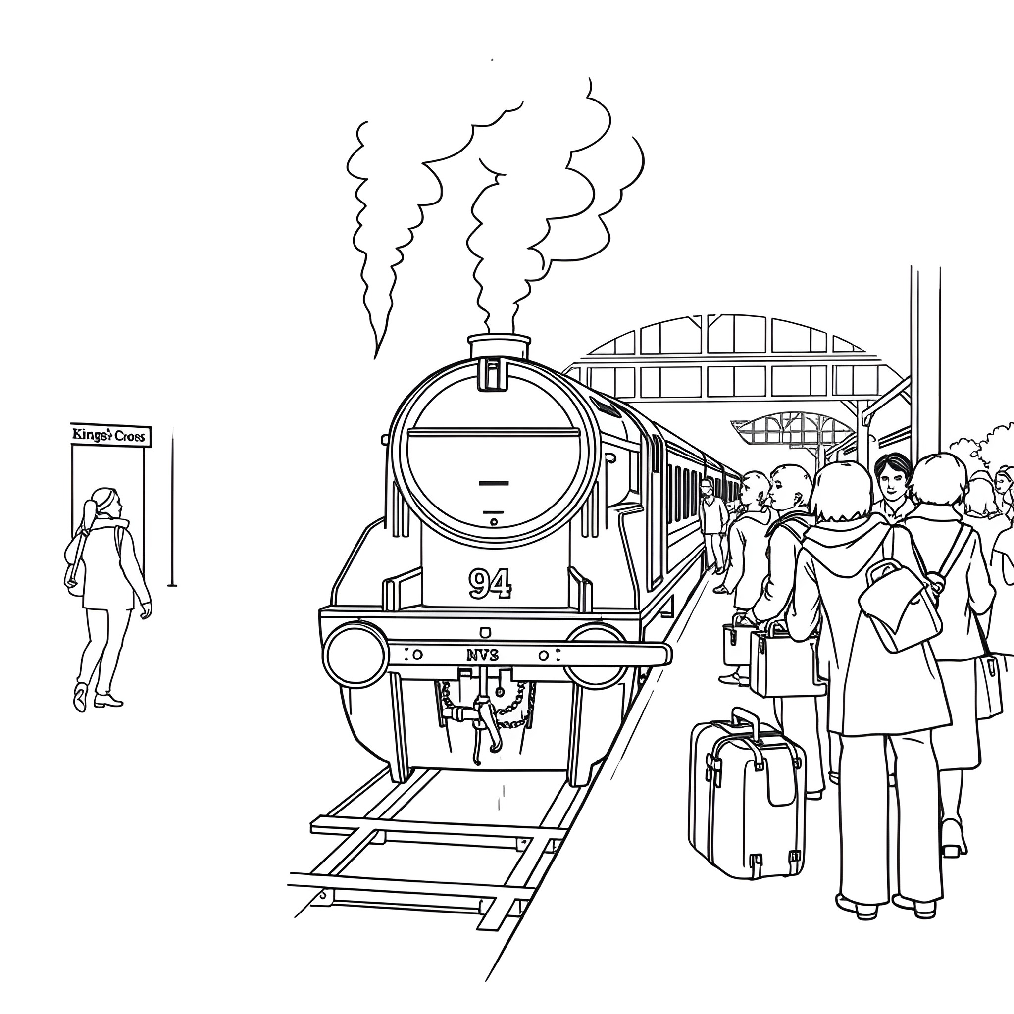 Hogwarts Express carrying passengers at the platform Coloring Page (free black-and-white line drawing printable PDF for all, from beginners to advanced learners, including children, teens, adults, and seniors)