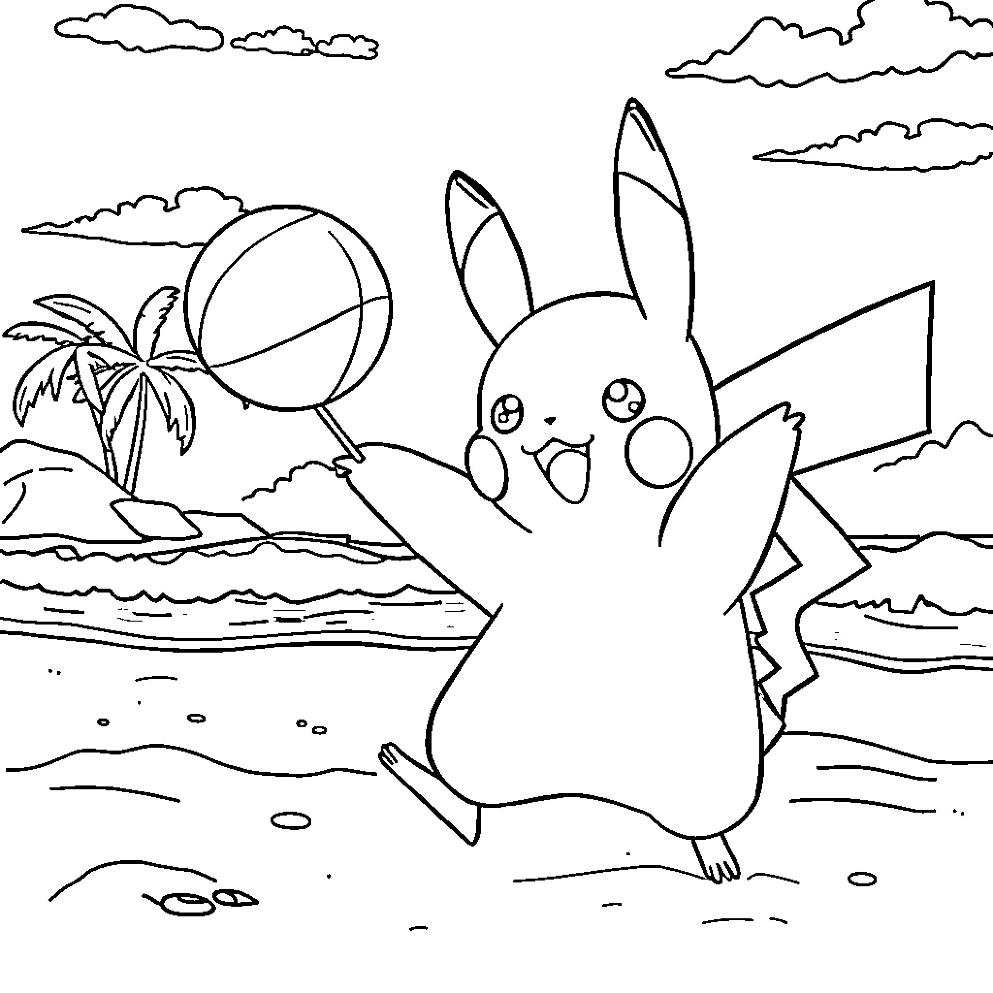 Pikachu playing on the beach with a beach ball Coloring Page (free black-and-white line drawing printable PDF for all, from beginners to advanced learners, including children, teens, adults, and seniors)