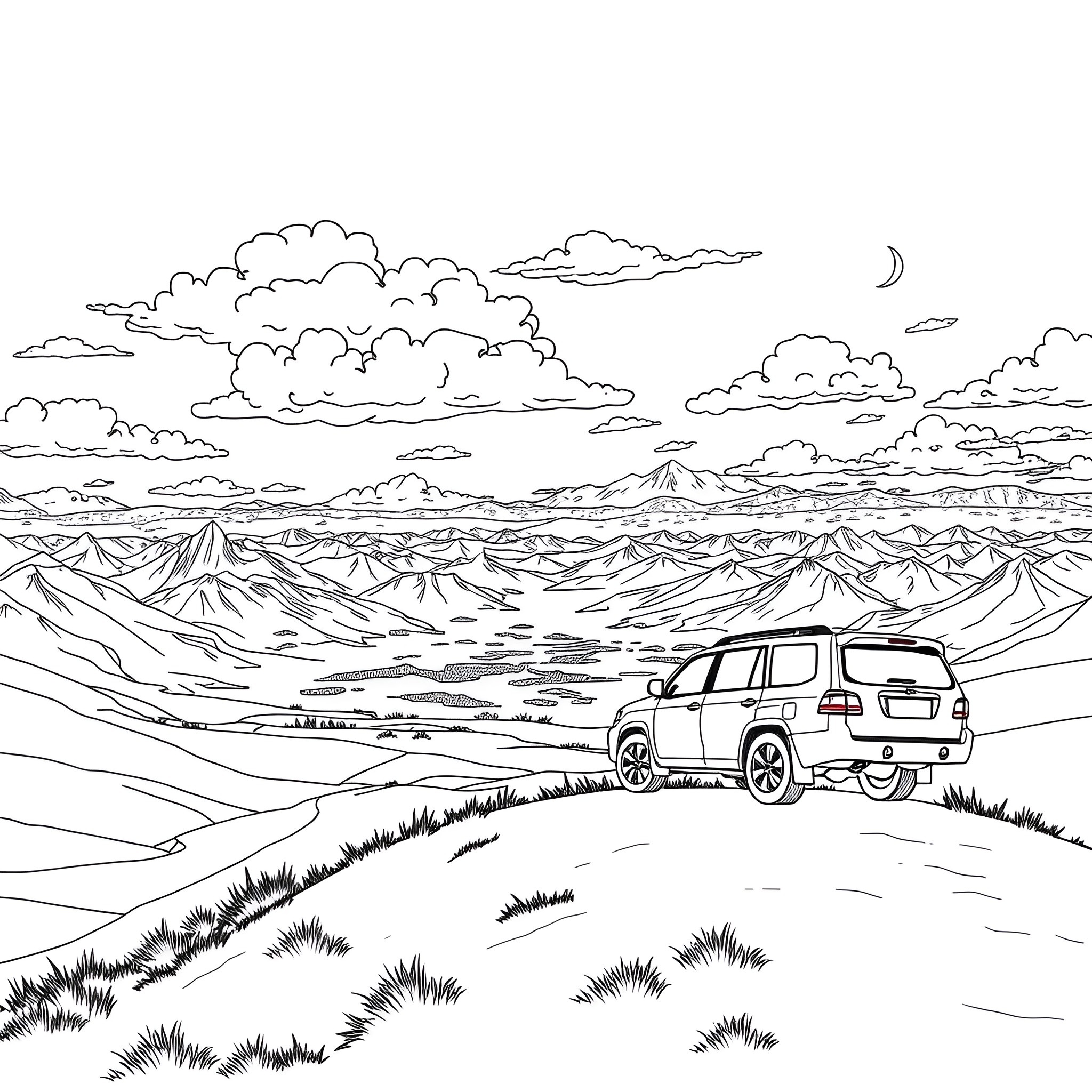 SUV exploring scenic mountain landscape Coloring Page (free black-and-white line drawing printable PDF for all, from beginners to advanced learners, including children, teens, adults, and seniors)