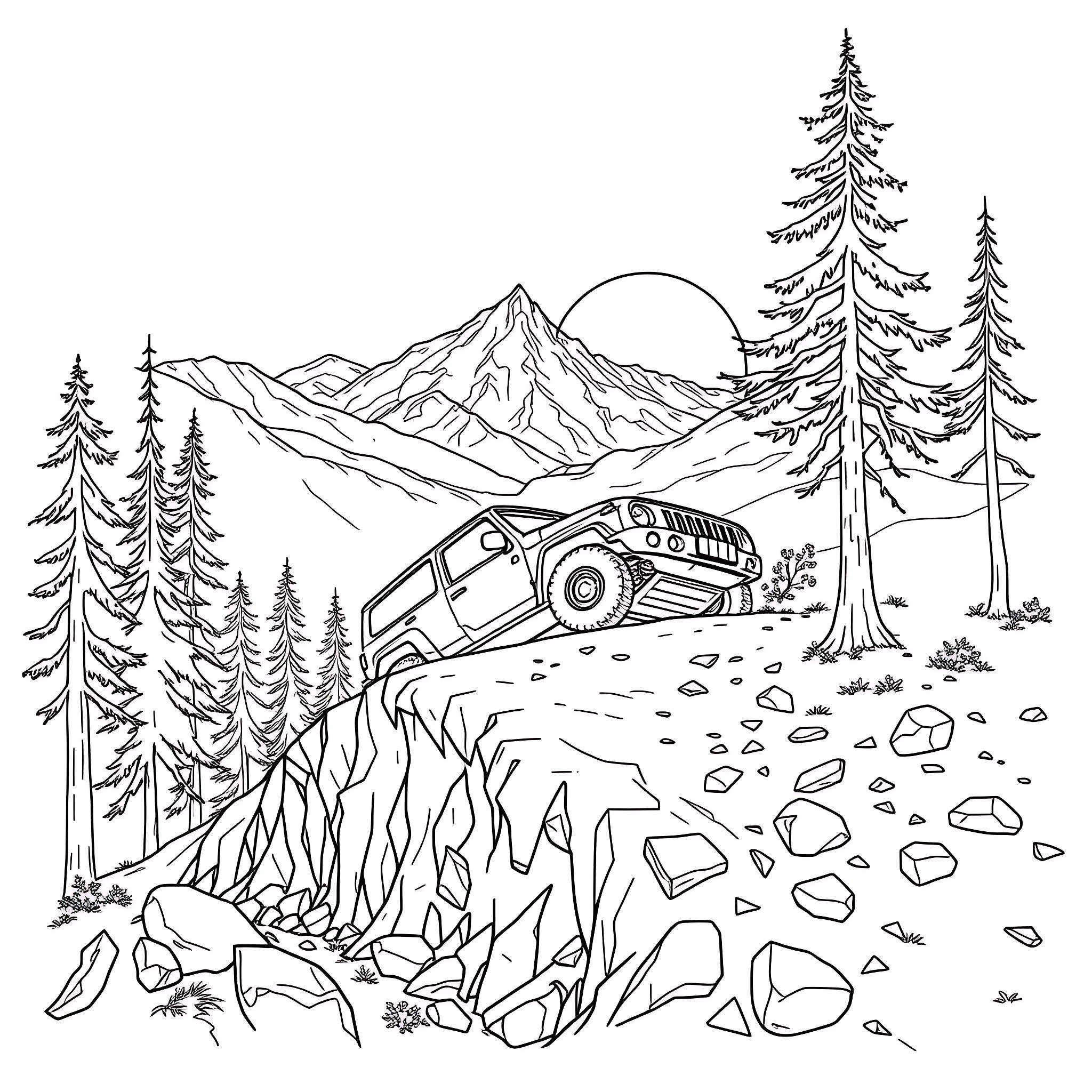 Car off-road adventure in the mountainous landscape Coloring Page (free black-and-white line drawing printable PDF for all, from beginners to advanced learners, including children, teens, adults, and seniors)