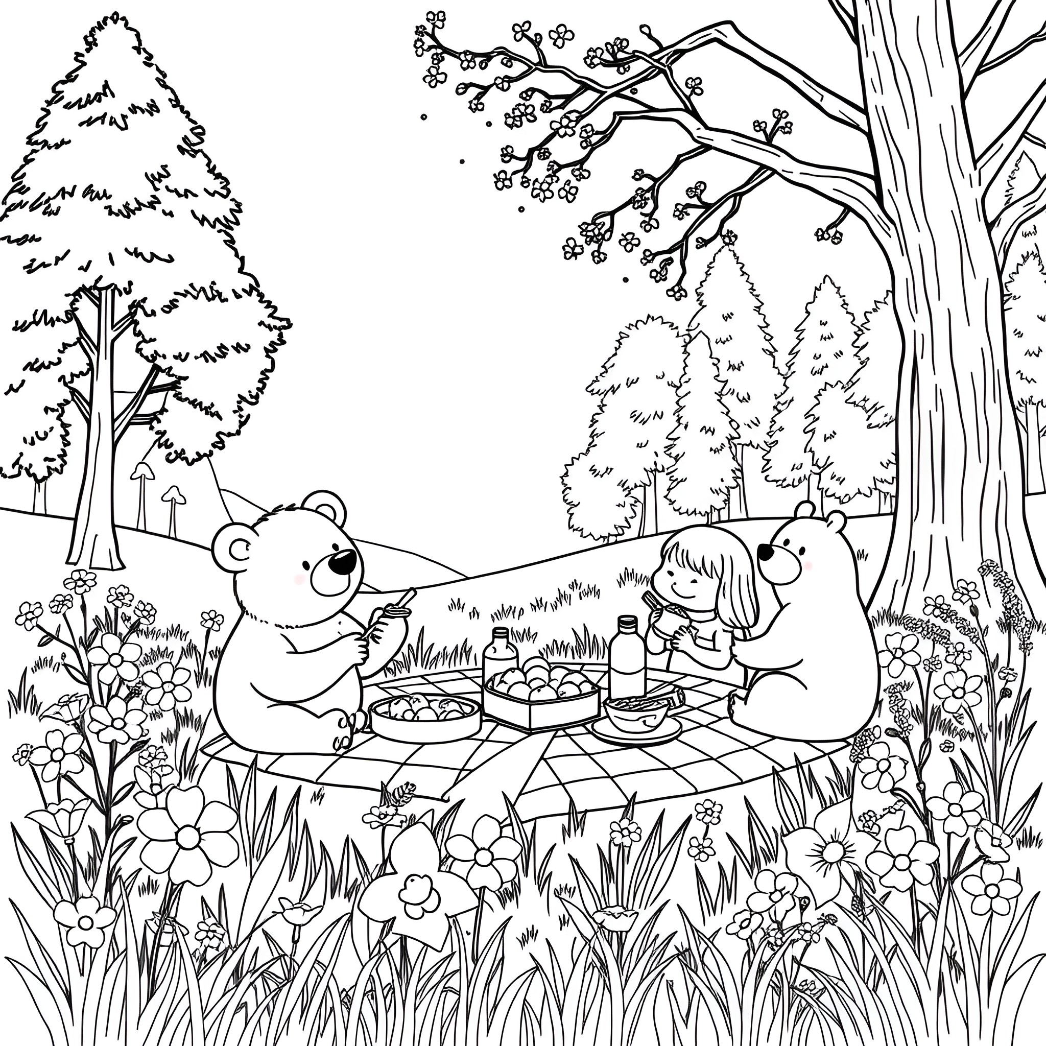 Bear picnicking happily with friends in the forest Coloring Page (free black-and-white line drawing printable PDF for all, from beginners to advanced learners, including children, teens, adults, and seniors)
