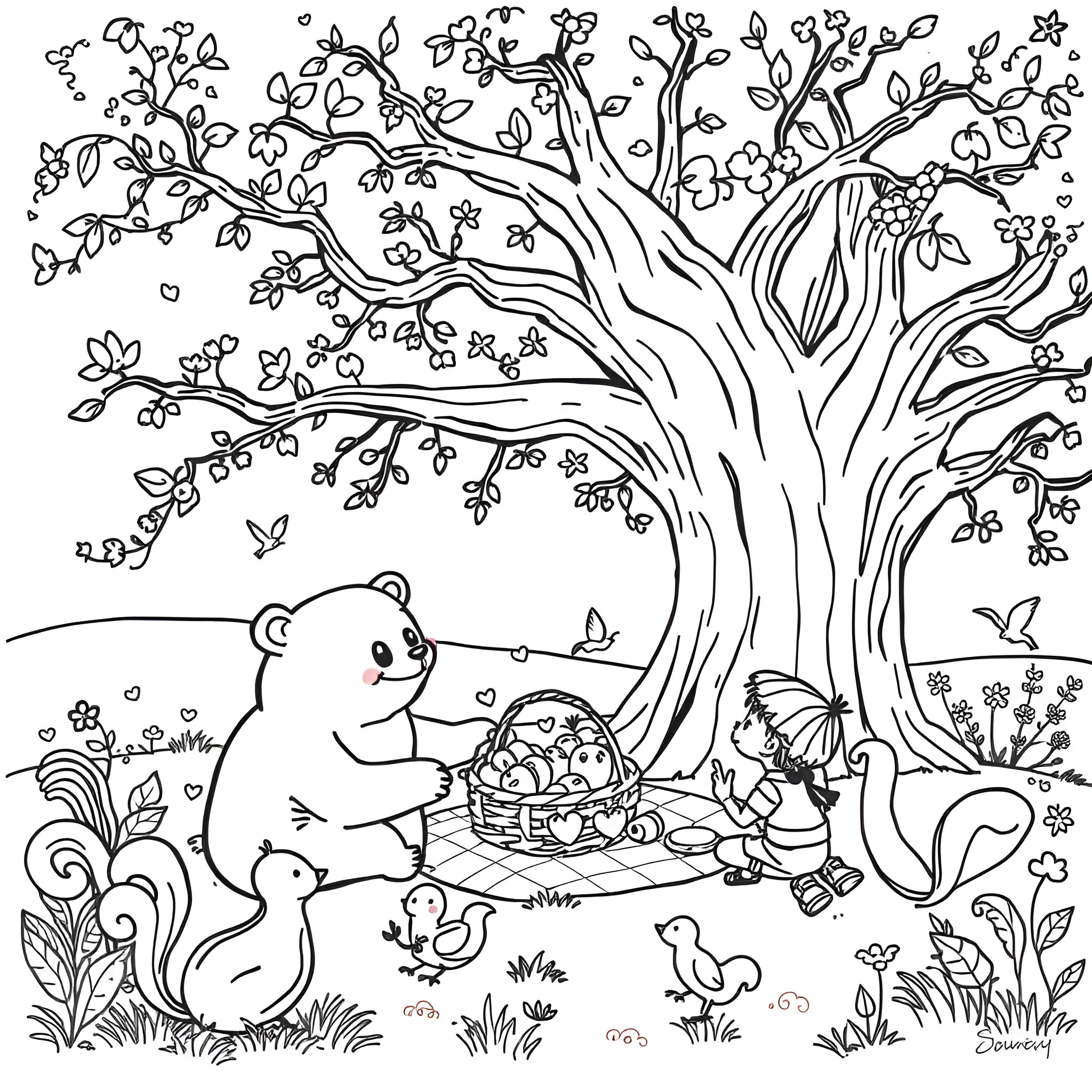 Bear gathering fruits in the forest with friends Coloring Page (free black-and-white line drawing printable PDF for all, from beginners to advanced learners, including children, teens, adults, and seniors)