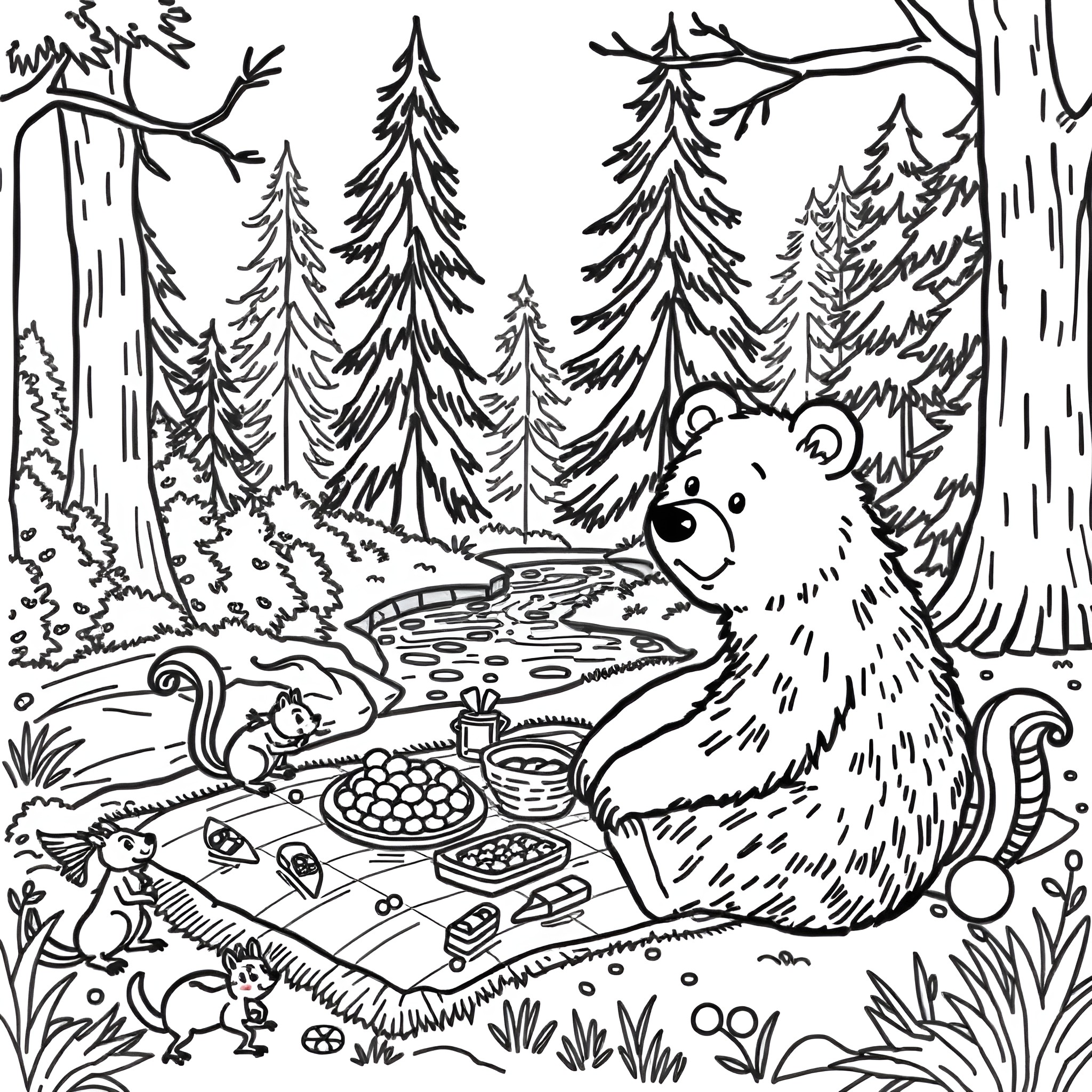 Bear enjoying a picnic in the forest Coloring Page (free black-and-white line drawing printable PDF for all, from beginners to advanced learners, including children, teens, adults, and seniors)
