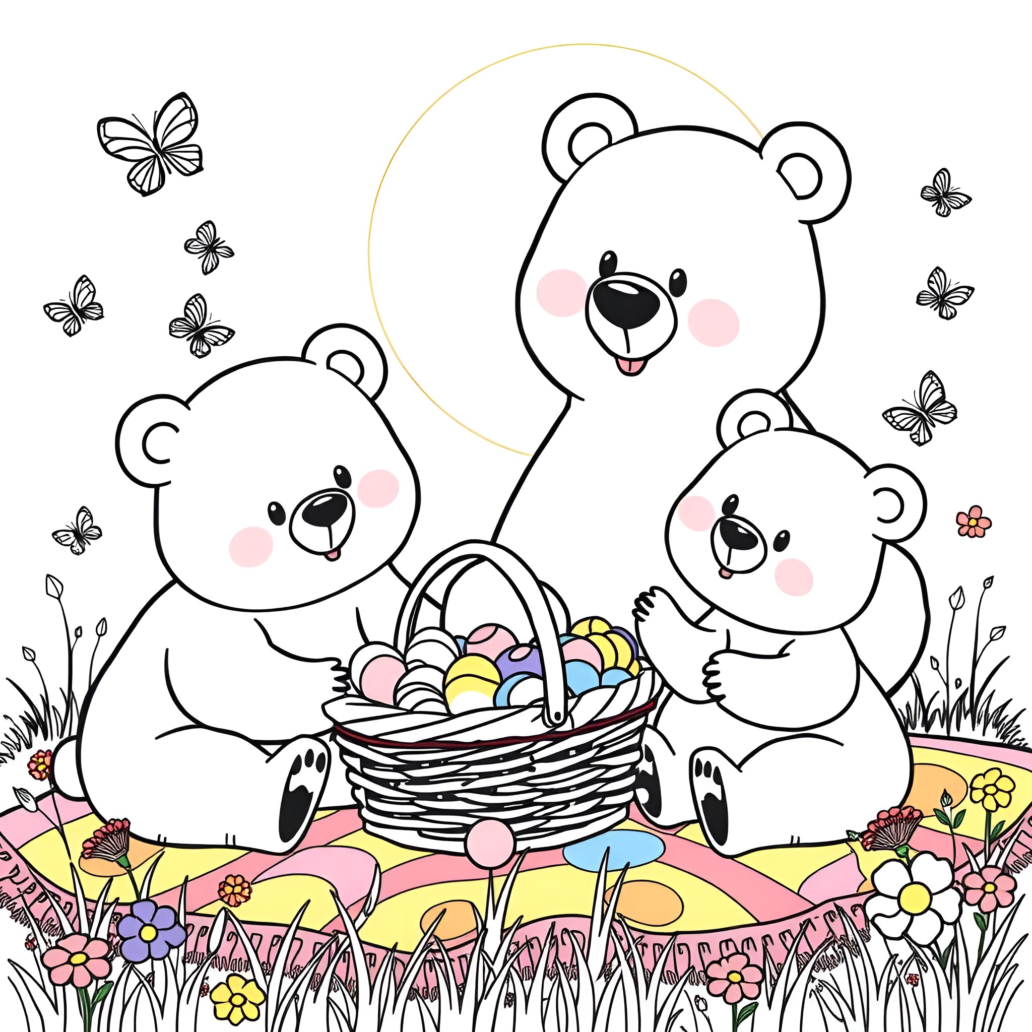 Bear family enjoying a picnic with butterflies Coloring Page (free black-and-white line drawing printable PDF for all, from beginners to advanced learners, including children, teens, adults, and seniors)