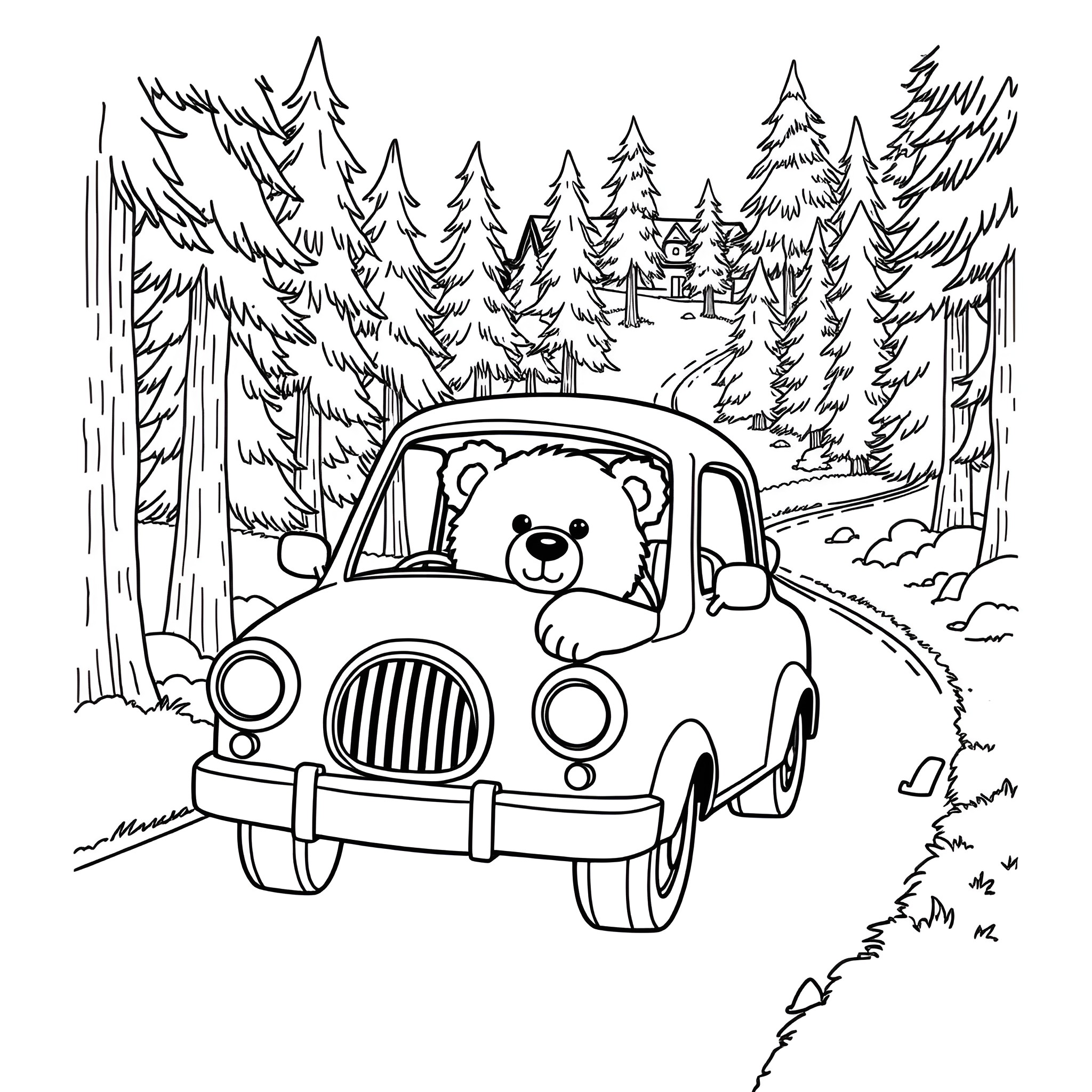 Bear driving car through snowy forest Coloring Page (free black-and-white line drawing printable PDF for all, from beginners to advanced learners, including children, teens, adults, and seniors)
