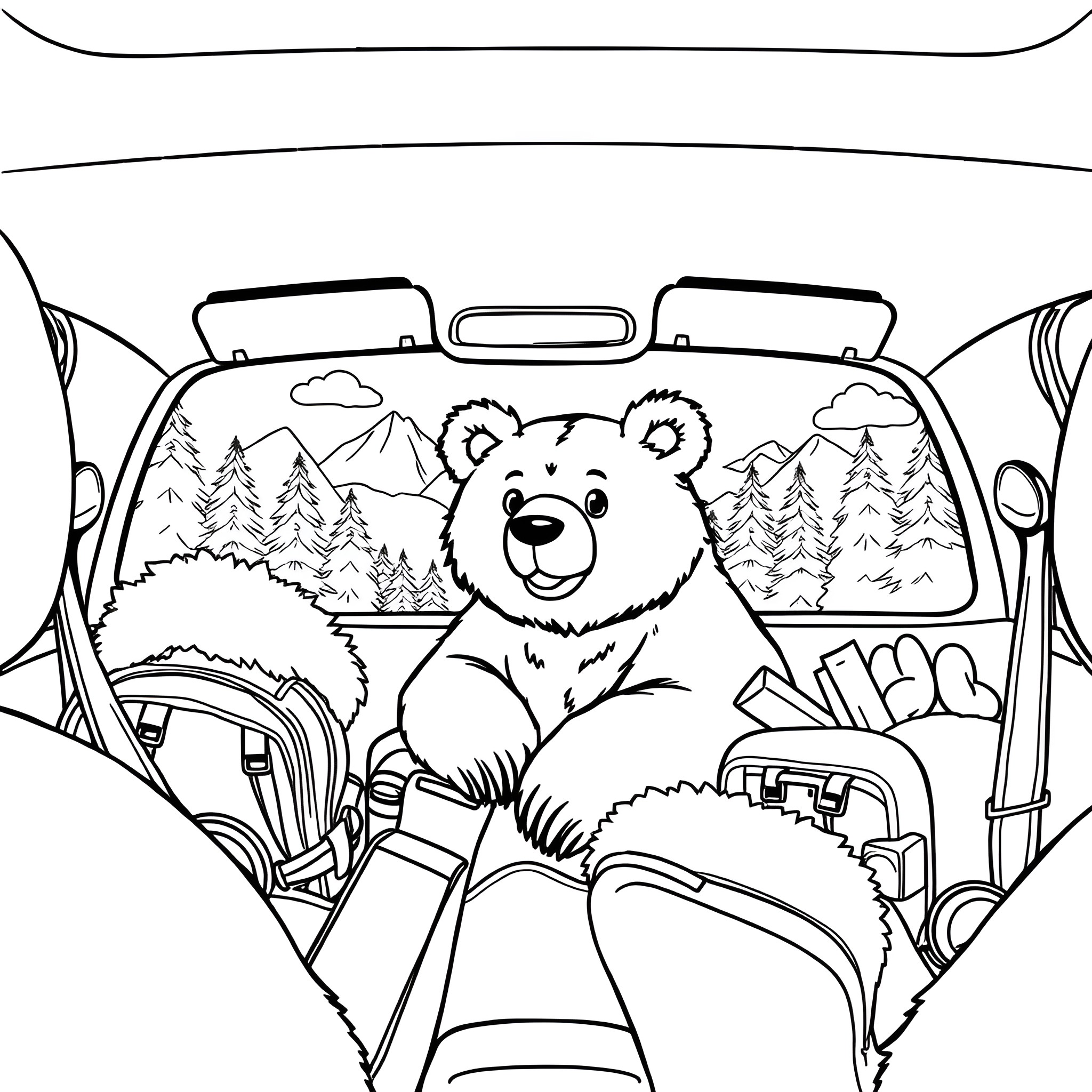 Bear enjoying road trip adventure in the wilderness Coloring Page (free black-and-white line drawing printable PDF for all, from beginners to advanced learners, including children, teens, adults, and seniors)